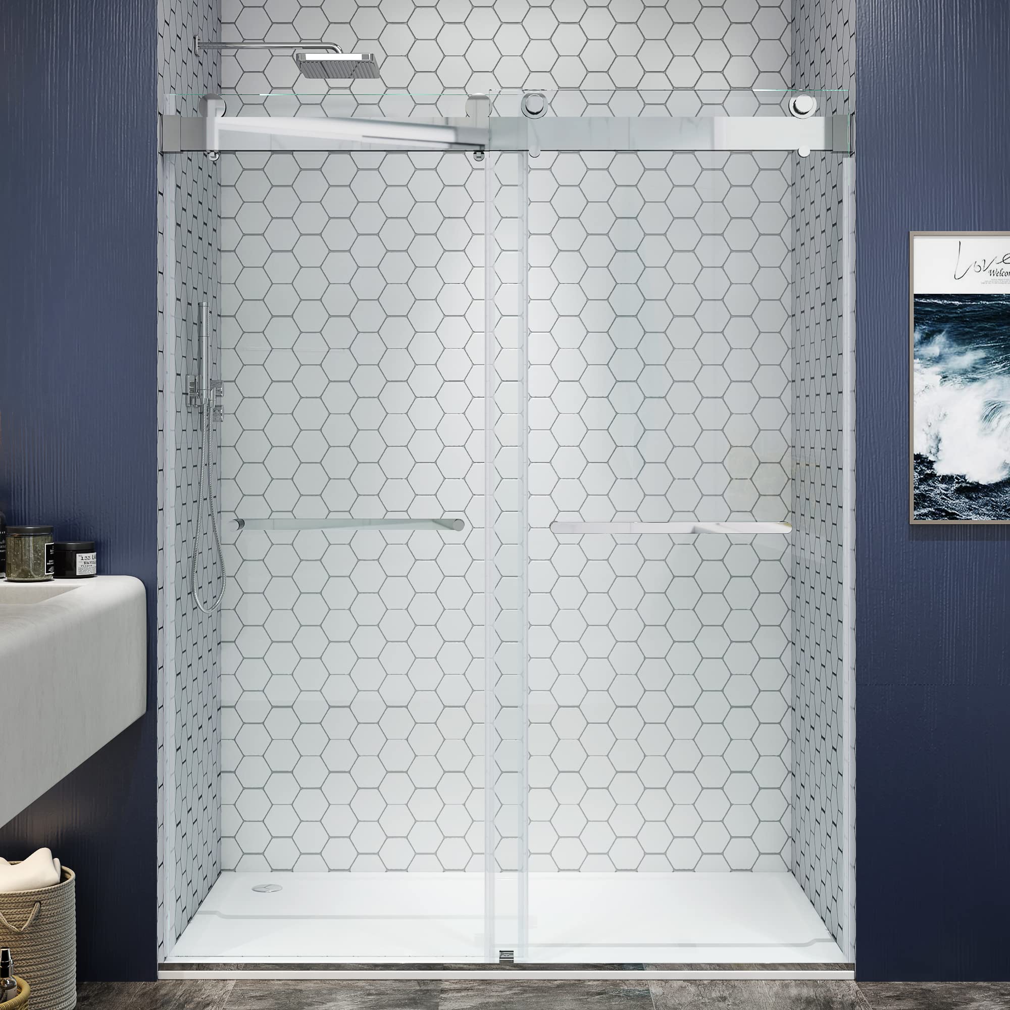 YINVANI Frameless Shower Door, 56"-60 "W x 79 "H, 3/8" (10mm) Clear Tempered Glass, Double Sliding Bathroom Shower Door with Soft Close System, Chrome Finish DS13