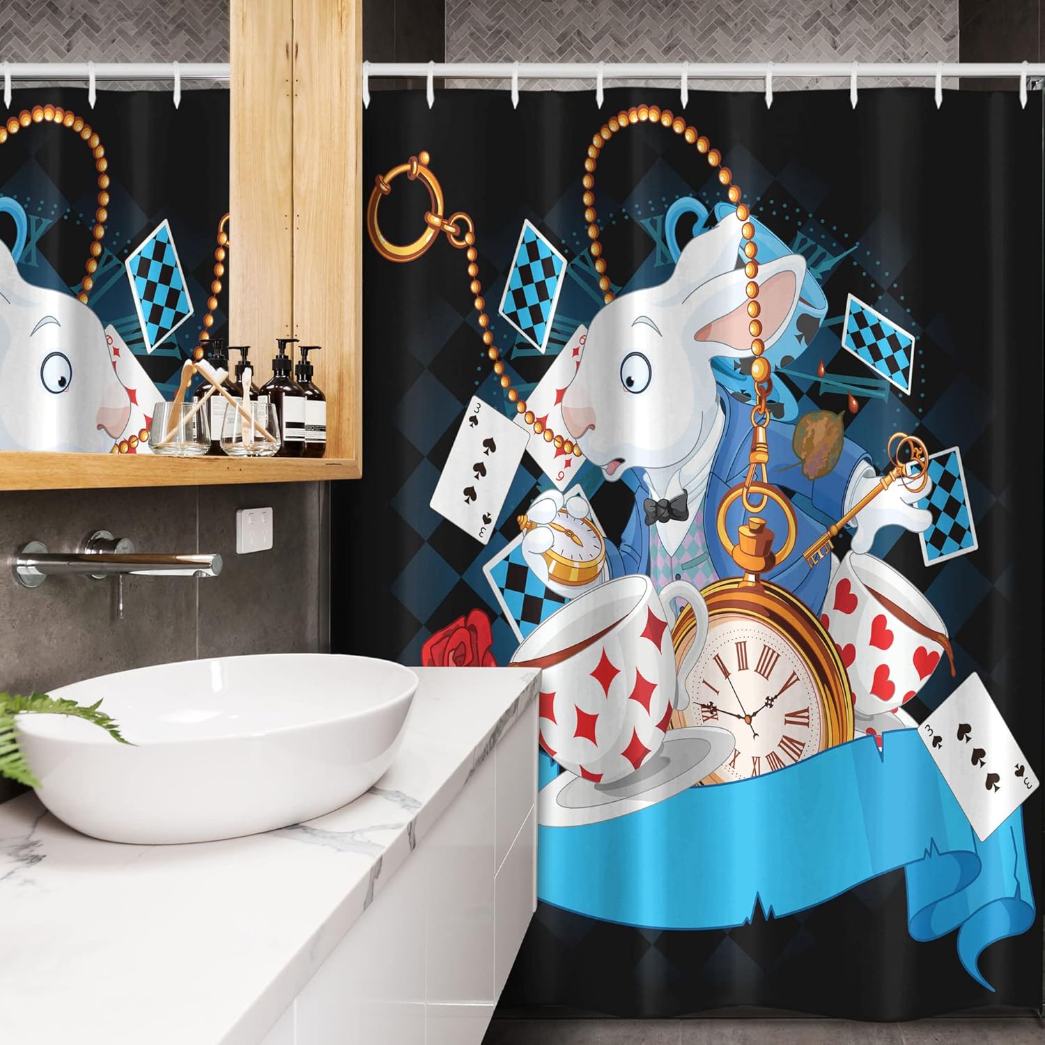 Ambesonne Alice in Wonderland Stall Shower Curtain, Rabbit Motion Cups Hearts and Flower Character Alice Cartoon Style, Fabric Bathroom Decor Set with Hooks, 54" W x 78" L, Dark Blue Charcoal Grey