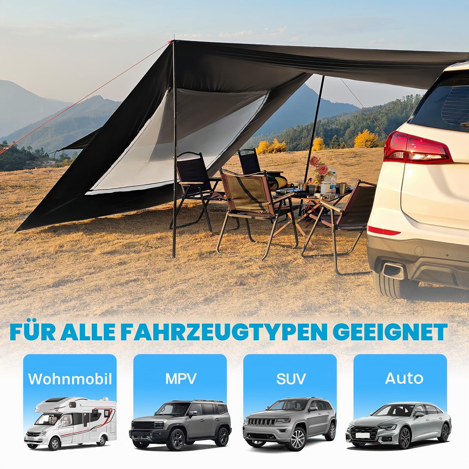 Vorzelt 2,9 x 4,8 m wasserdicht Sonnenschutz Campingzelt für Wohnmobil Van Wohnwagen (schwarz)