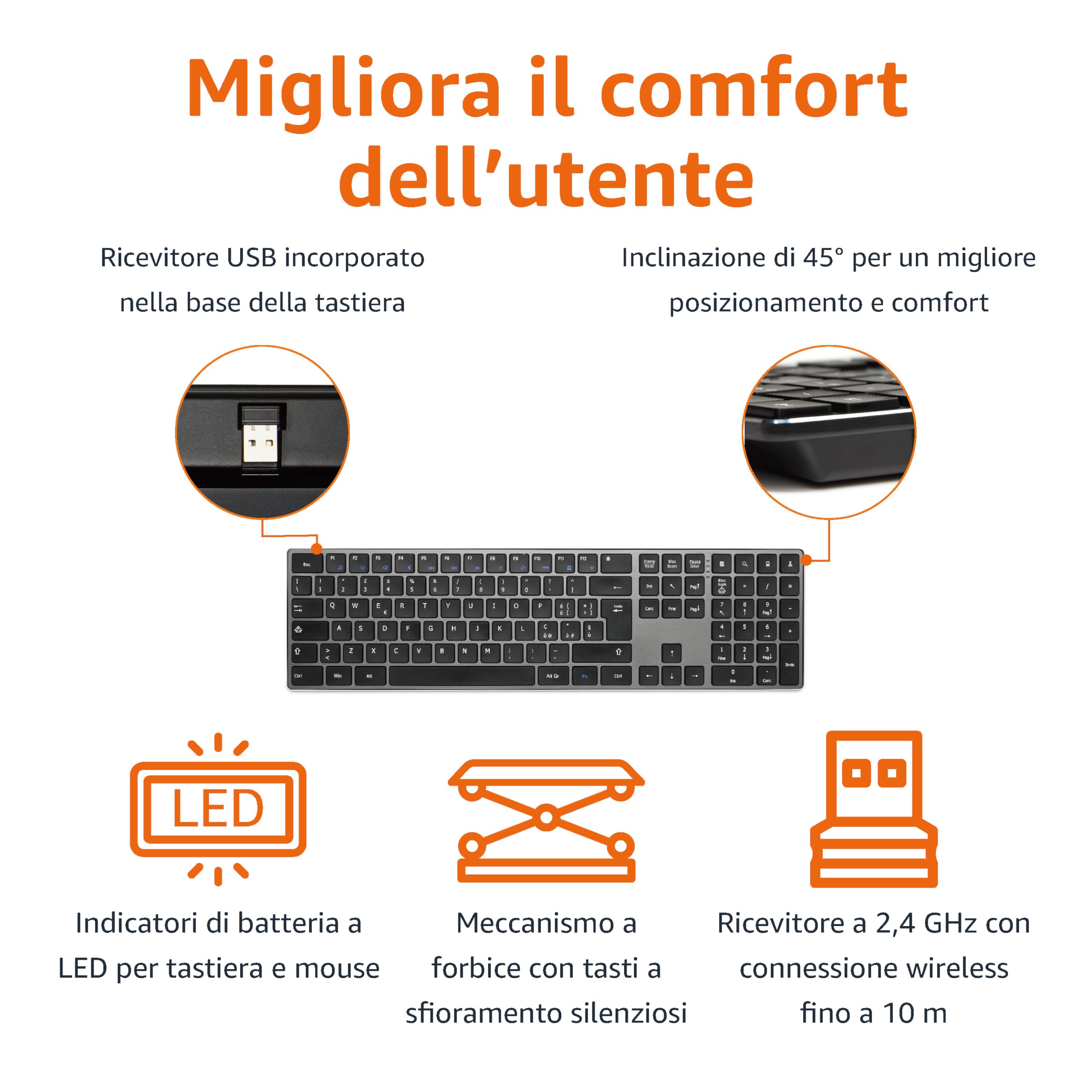Amazon Basics mouse wireless ricaricabili, tastiera full size ultrasottile e silenziosa con tastierino numerico, Nero