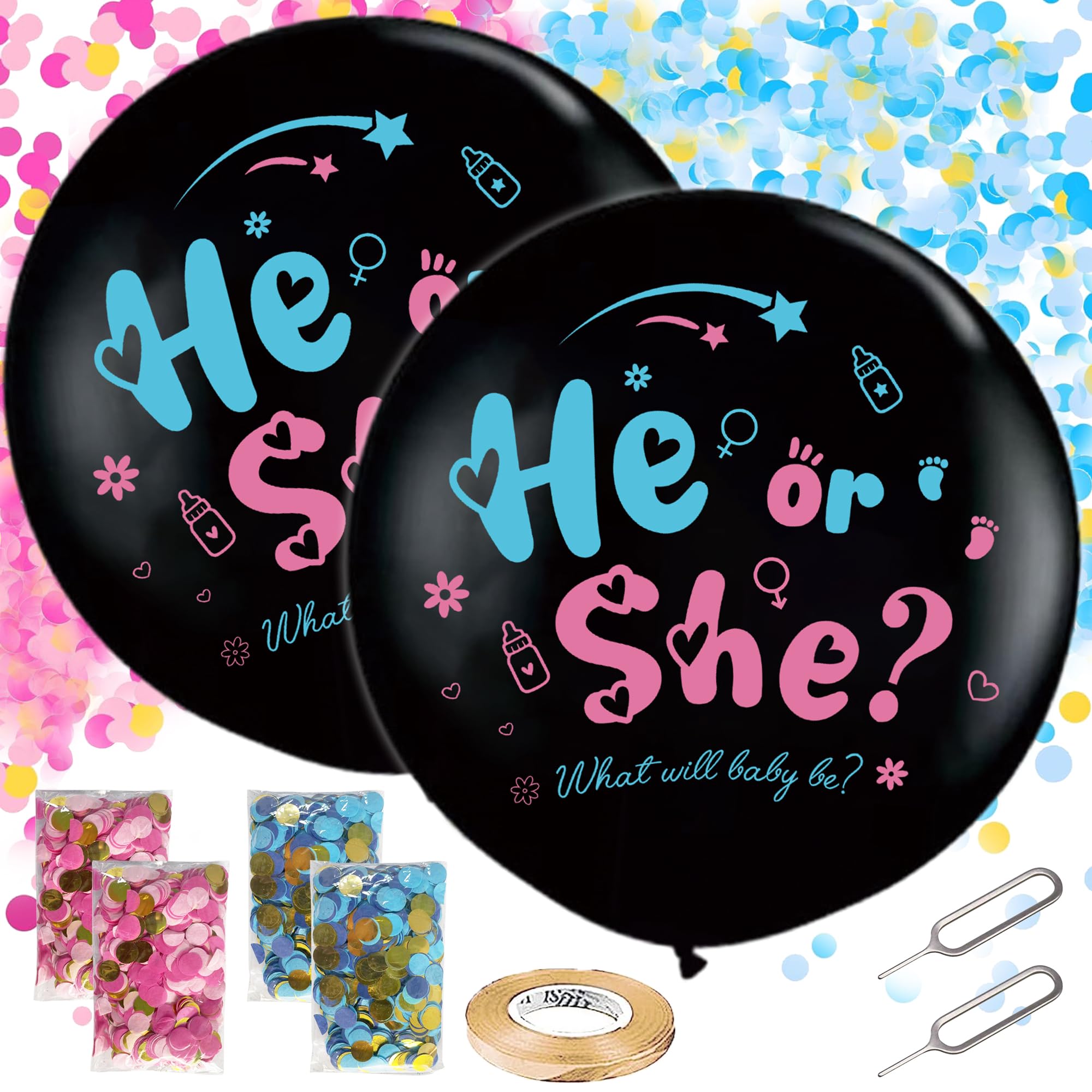 Soireeparty Gender Reveal Confetti Balloon - 2 Pieces 36 Inch Black He or SheLatex Balloon (He or She) with Pink Blue Confetti, Ribbons Pins for Girl Boy Ideas Baby Shower Party โ image 1