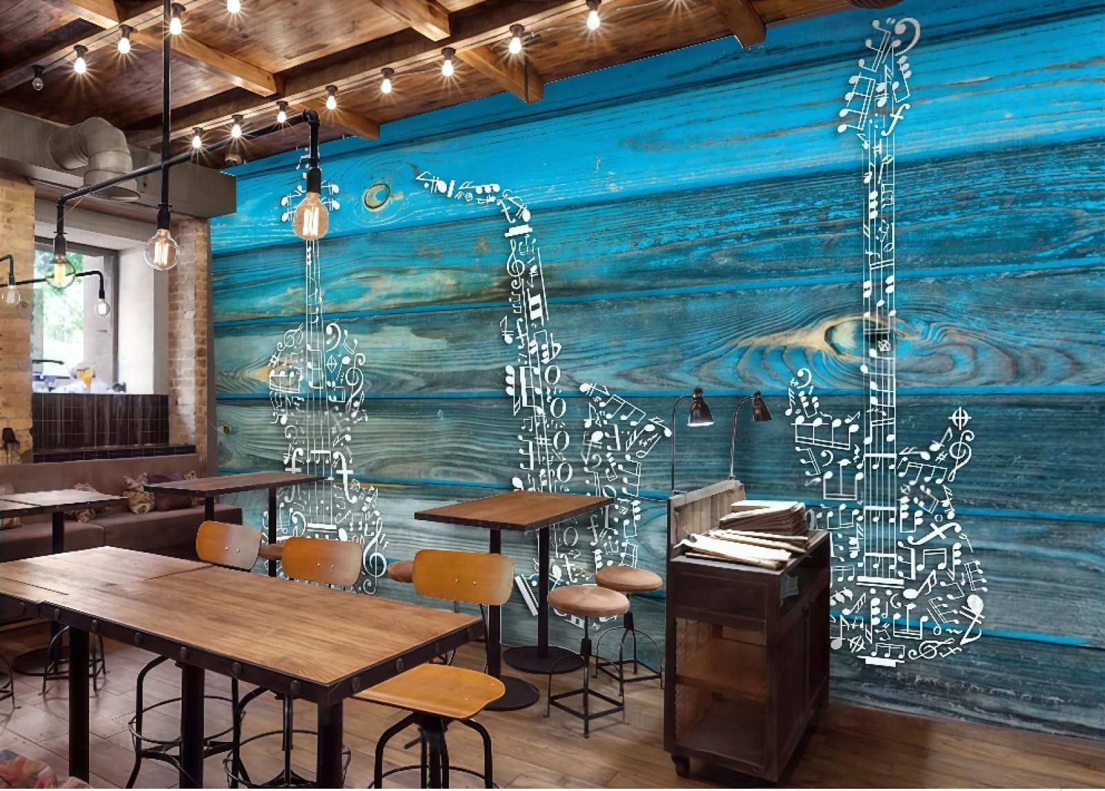 Rskjdghshd 3D Wallpaper Nostalgic Blue Wooden Board Music Symbol Guitar Theme Bar Western Restaurant Background Wall Mural Afternoon Tea Coffee Shop Wallpaper,,200X140cm