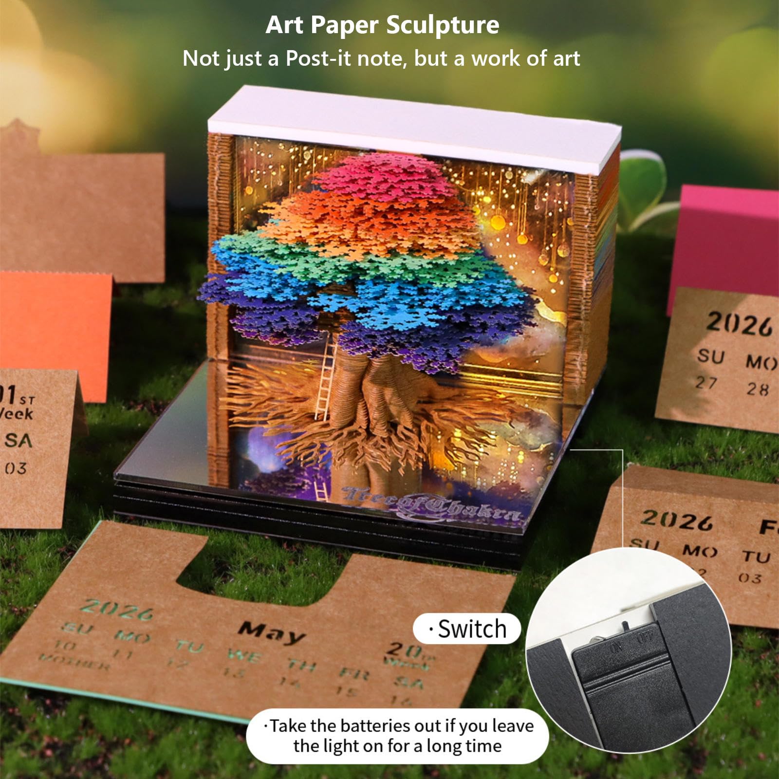 3D-Kalender 2026, 3D-Zeitmess-Kalender, 3D-Baum des Chakra-Baums, abreißbare Papierskulptur mit Licht, kreativer Wochenplaner, Schnitzerei, Kunst, Schreibtischkalender, Geschenk