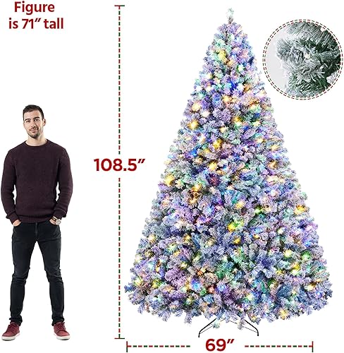 Vista 93 de Yaheetech 7.5ft Pre-lit Spruce Artificial Christmas Tree Snow Flocked Hinges Tree with 550 Multicolor LED Lights & 1284 Branch Tips & Metal Stand