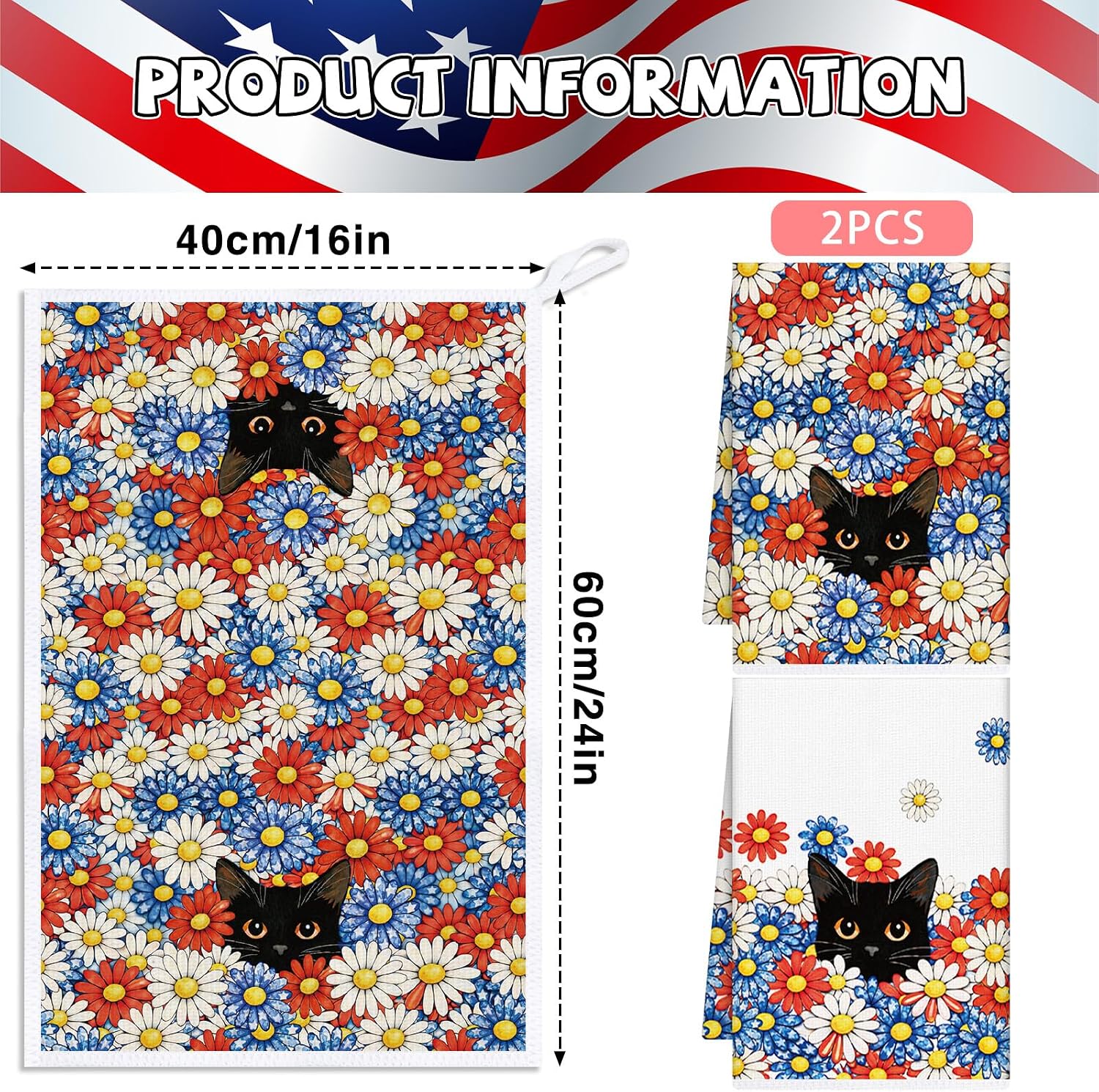4th of July Kitchen Towels Set of 4, Absorbent American Patriotic Dish Towels, Black Cats Floral Hand Towel for Independence Memorial Day Holiday Home Decoration Gifts 16x24 Inch