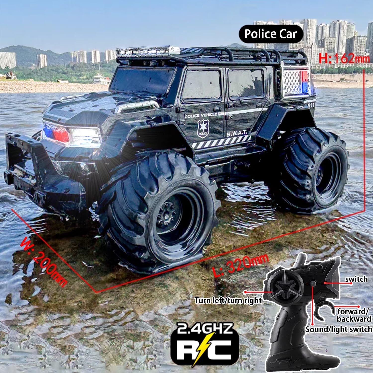 Amphibious Remote Control Car Waterproof Monster RC Cars 4WD All Terrain Off-Road Stunt Vehicle Toys with 2.4 GHz LED Lights for 6 7 8 9 10 11 12+ Year Old Kids Boys Girls Gifts Presents (Black)