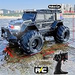 Voiture Télécommandée Amphibie Étanche Camions Monstre RC 4WD Tout Terrain Véhicule Stunt avec Lumières LED 2.4 GHz pour Enfants de 6 à 12 Ans, Cadeaux pour Garçons et Filles (Noir)