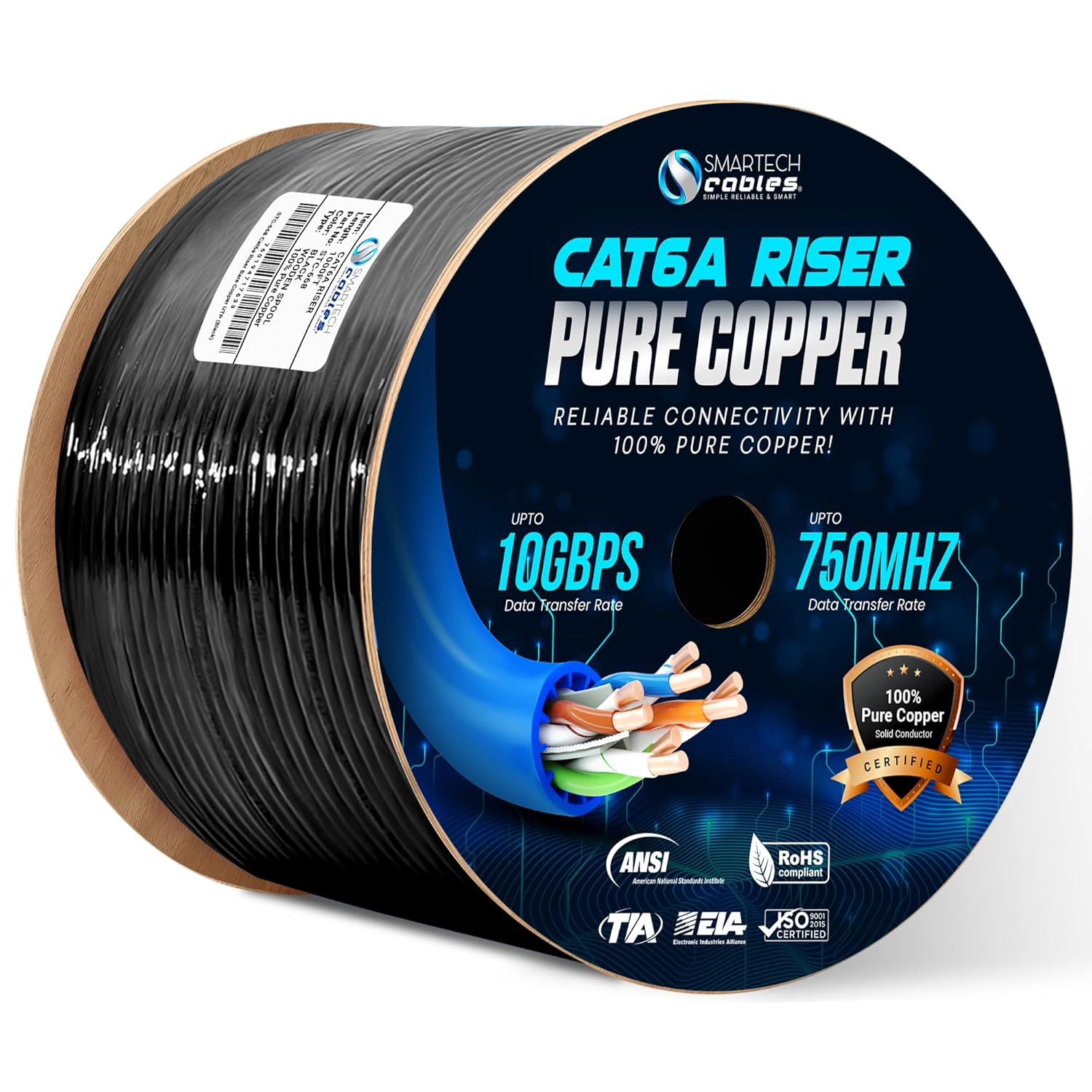 Smartech Cables Cat6A Riser Ethernet Cable 1000ft - Solid Bare Copper, 23AWG, 750MHz, UTP, CMR Rated - High Speed 10Gbps Cat 6a Cable for Networking - Bulk Ethernet Cable, PoE++ Supported