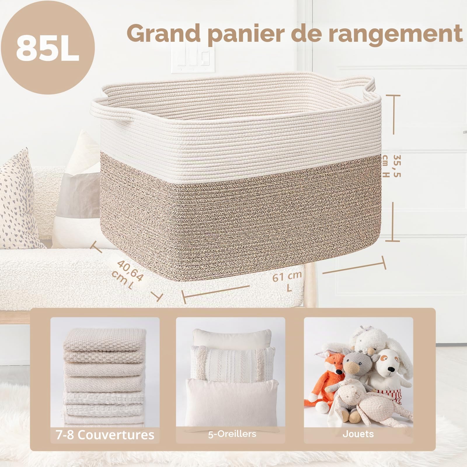 TIMEYARD Panier à linge rectangulaire - 85 l - Panier de rangement pour jouets de bébé - Panier de rangement pour couvertures, coussins, serviettes d'invités - Blanc et marron
