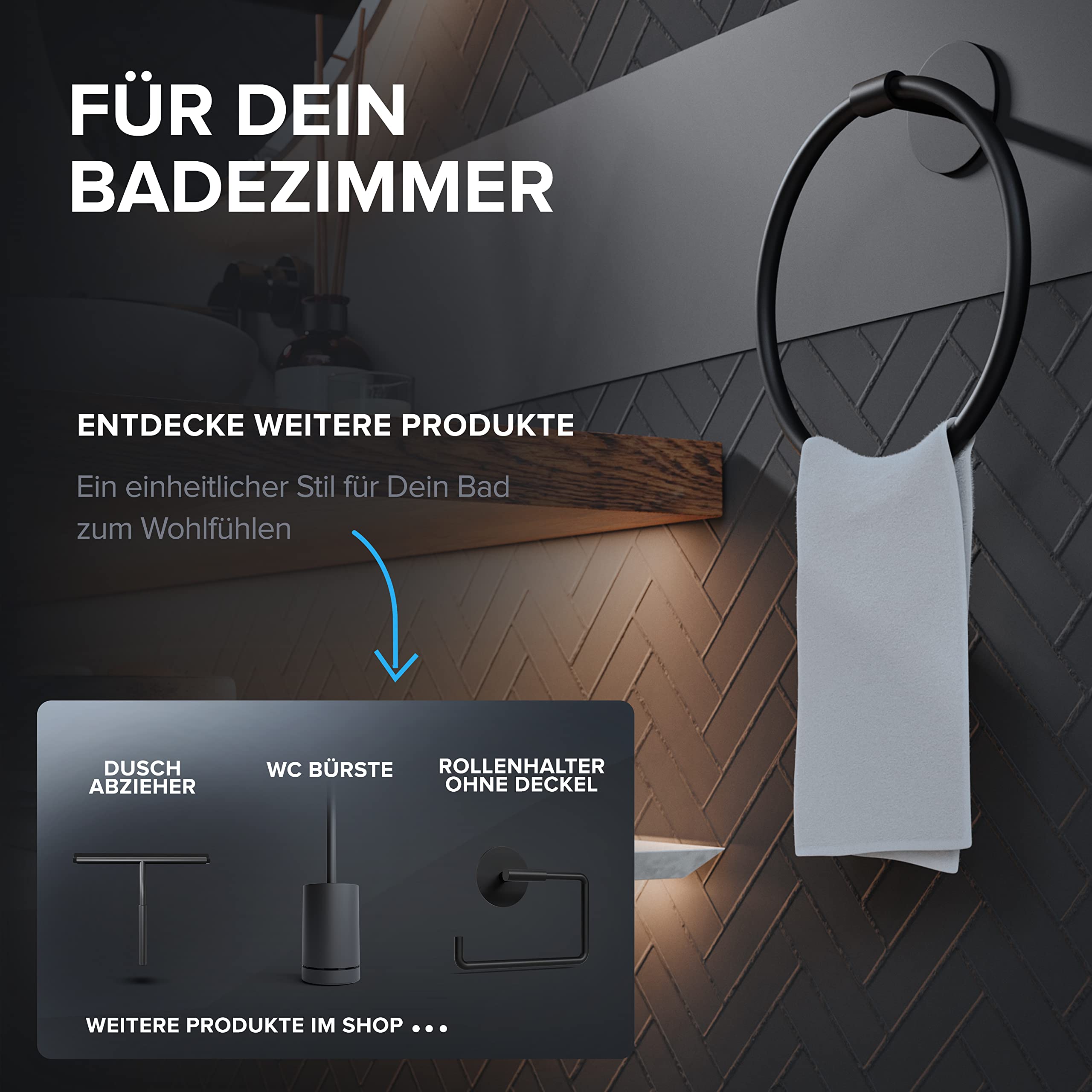 ovimar Handtuchring Halsnoy | rund | schwarz | ohne Bohren | Zeitloses Design | zum Kleben | Handtuchhalter für das Badezimmer