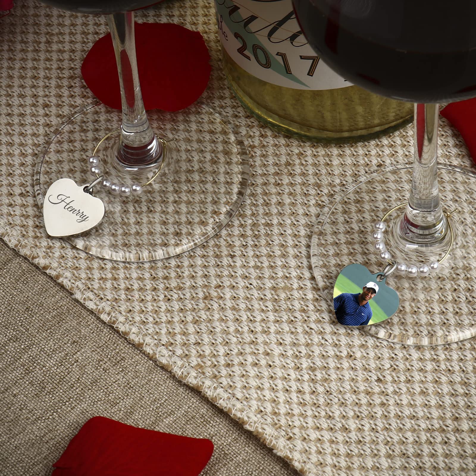 Breloques personnalisées avec photo en forme de cœur pour verres à vin, marqueurs, jour de mariage, anniversaire, Acier inoxydable