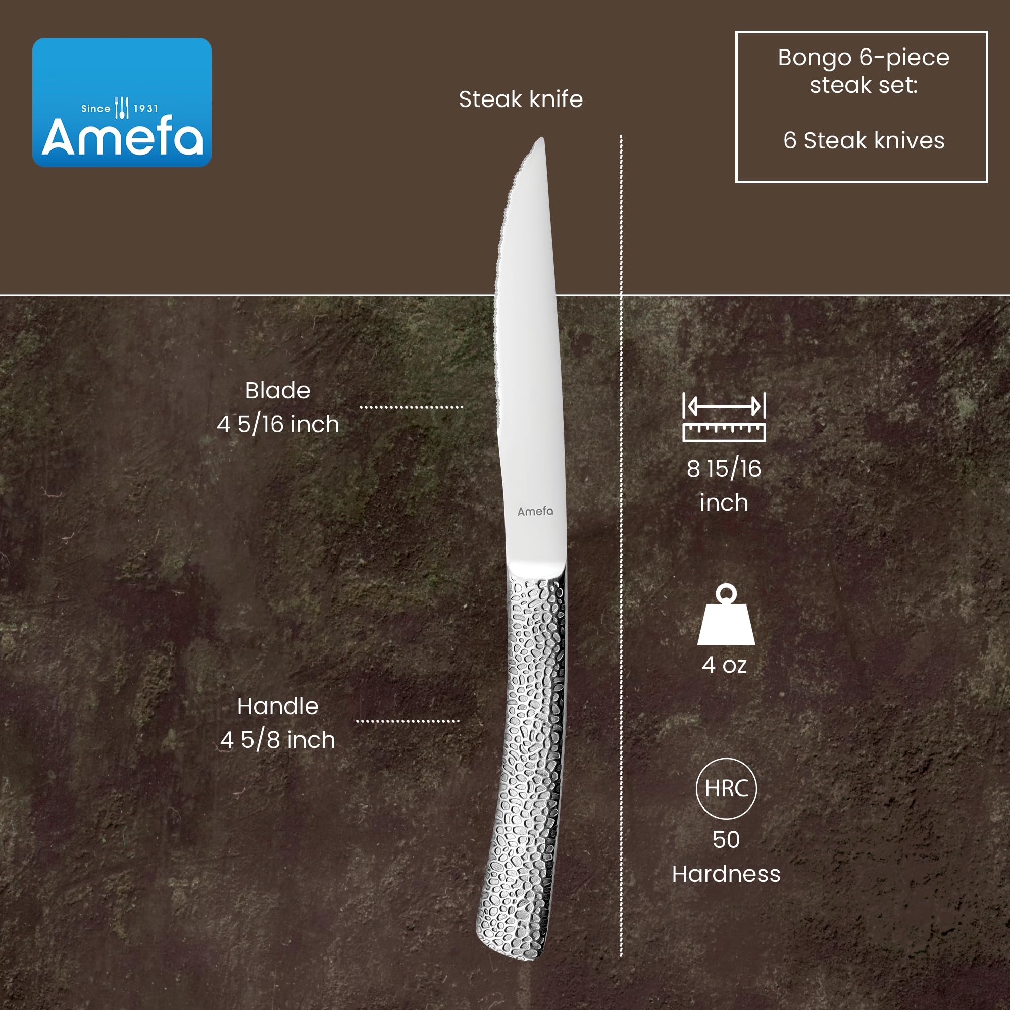 Amefa Bongo Steak Knives, Set of 6, Premium Hardened Stainless Steel, Hammered Ergonomic Handle Design, Micro Serrated Edge 4 Inch Blade Steak Knife