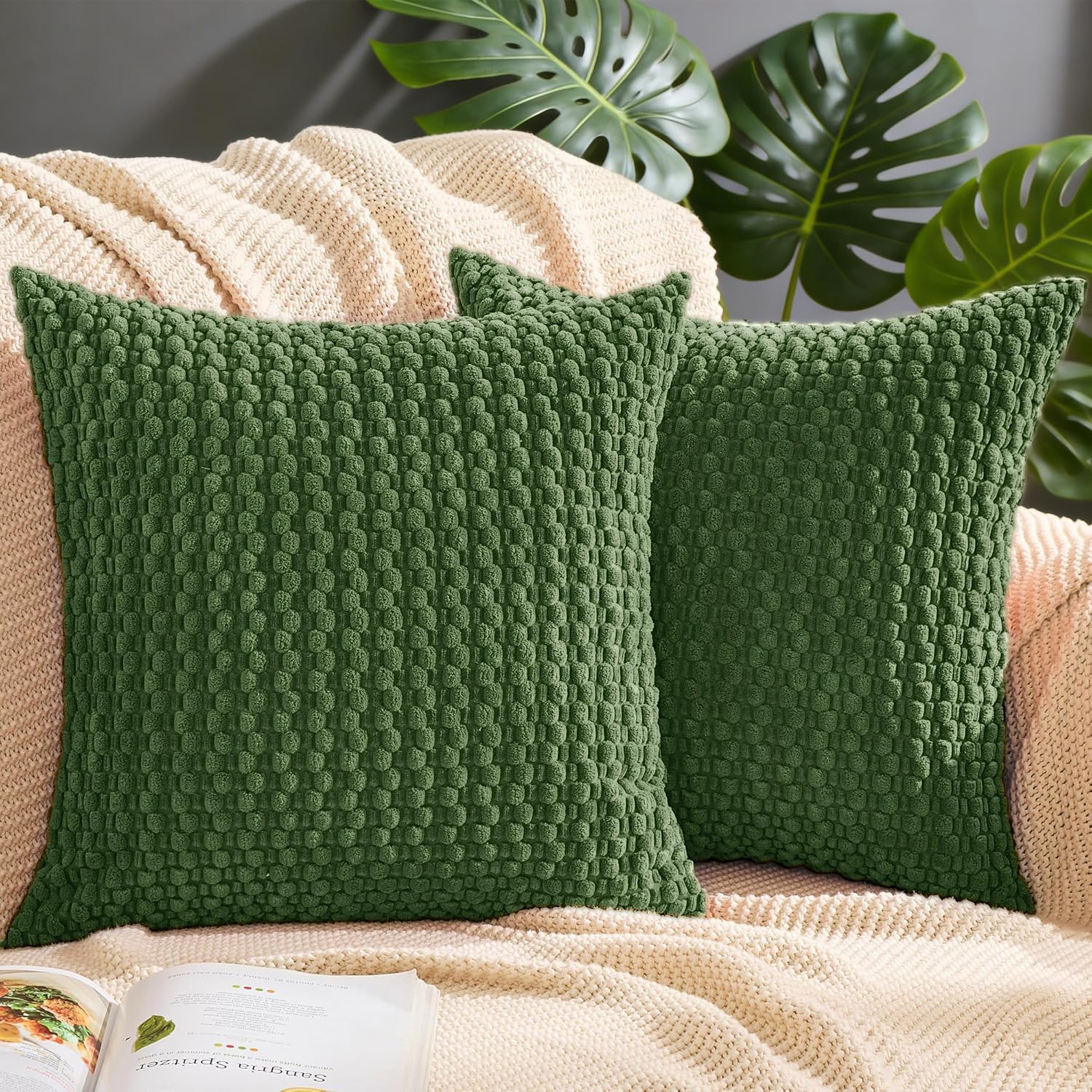 FSZhenZuan Pack of 2 Cushion Covers 60x60cm Soft Corduroy Throw Pillow Covers Decorative Pillows Square Cushion Cases Boho Pillowcases for Couch Bed Living Room Home Decor, Olive Green
