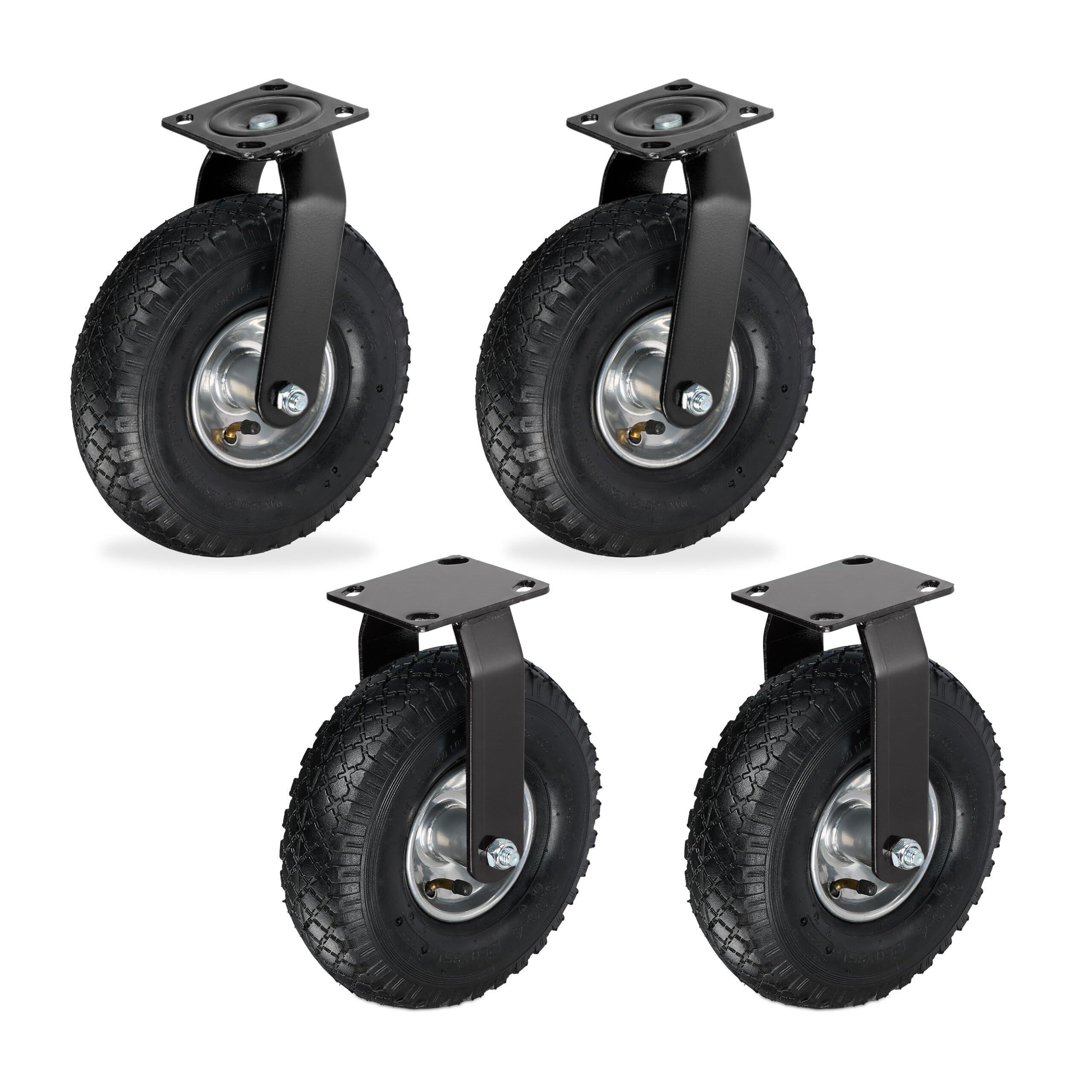 Relaxdays Black/Silver Heavy-Duty Pneumatic Wheels 3.00-4, 120 Kg, Fixed & Swivel Castors, 27X26x13.5 Cm