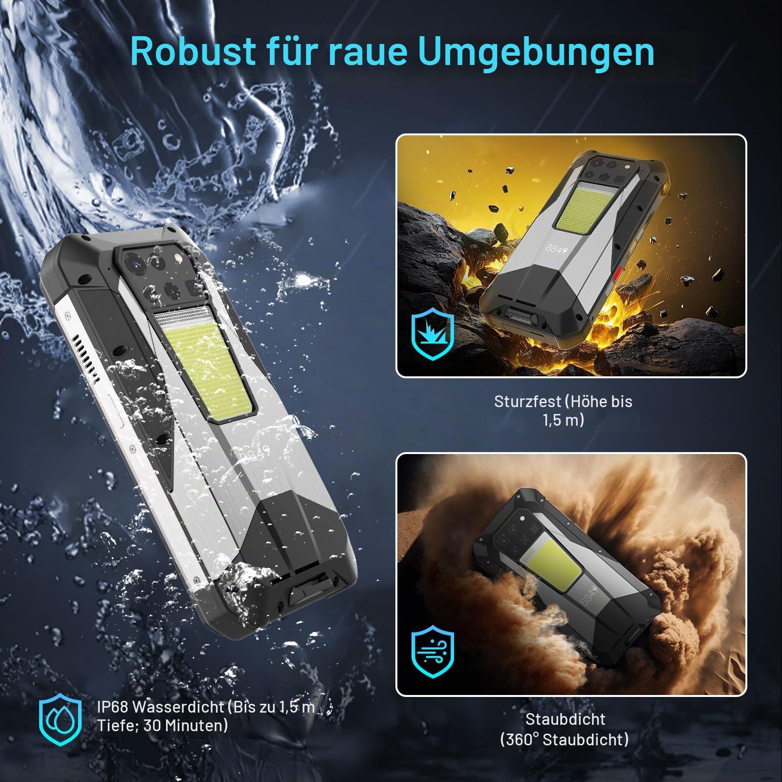 8849 Tank 3 Pro 5G Outdoor-Smartphone AI | IP68 | Integrierter Projektor | 6,79" FHD+ Display | 23800 mAh | 120W | 32 GB + 512 GB | Campinglampe | OTG | NFC | 50 MP + 200 MP | Robustes Handy