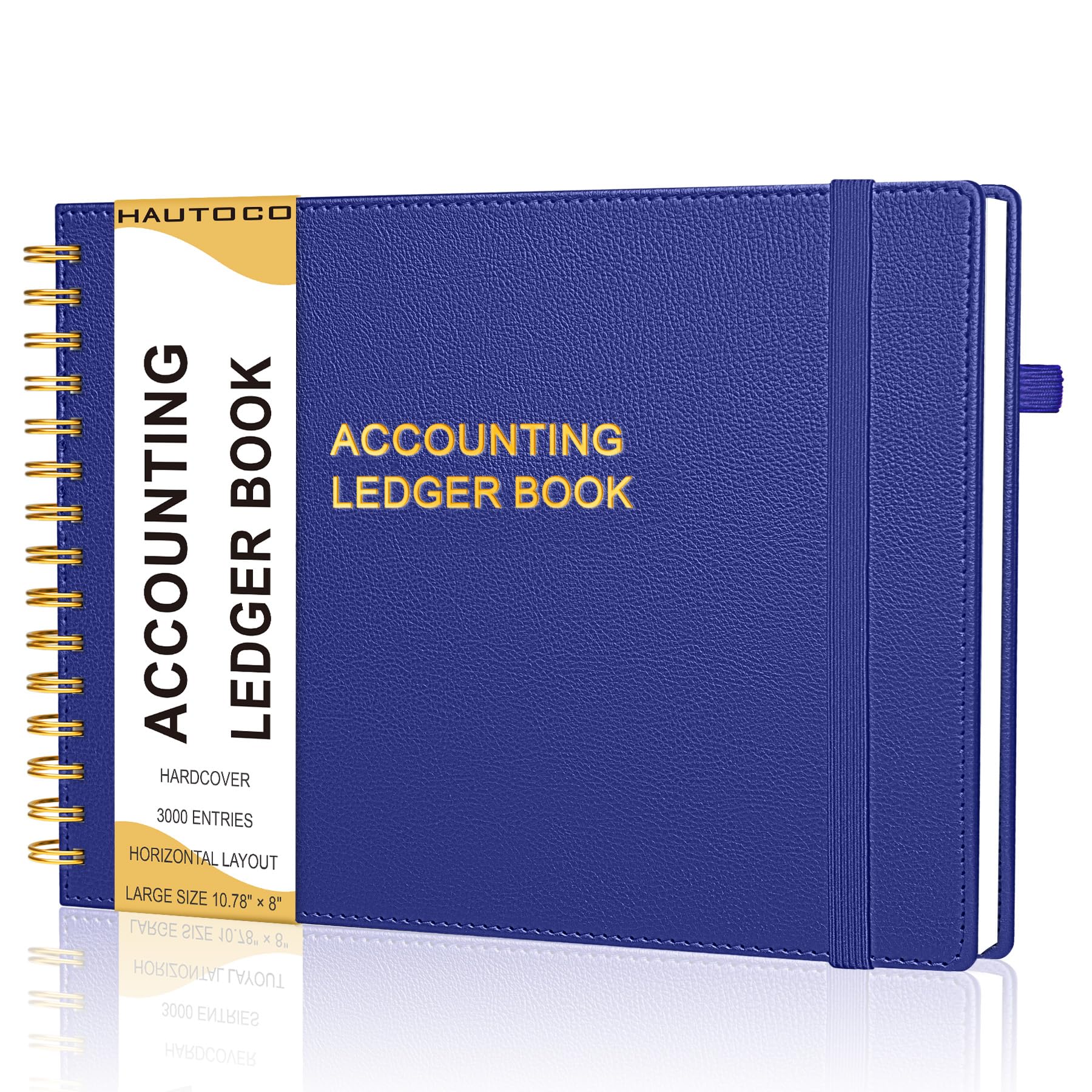 HAUTOCO Hardcover Accounting Ledger Book for Small Business Bookkeeping Horizontal Money Expense Tracker Notebook with 2 Storage Pouch, Personal Columnar Log Journal 10.78 x 8'', Navy Blue