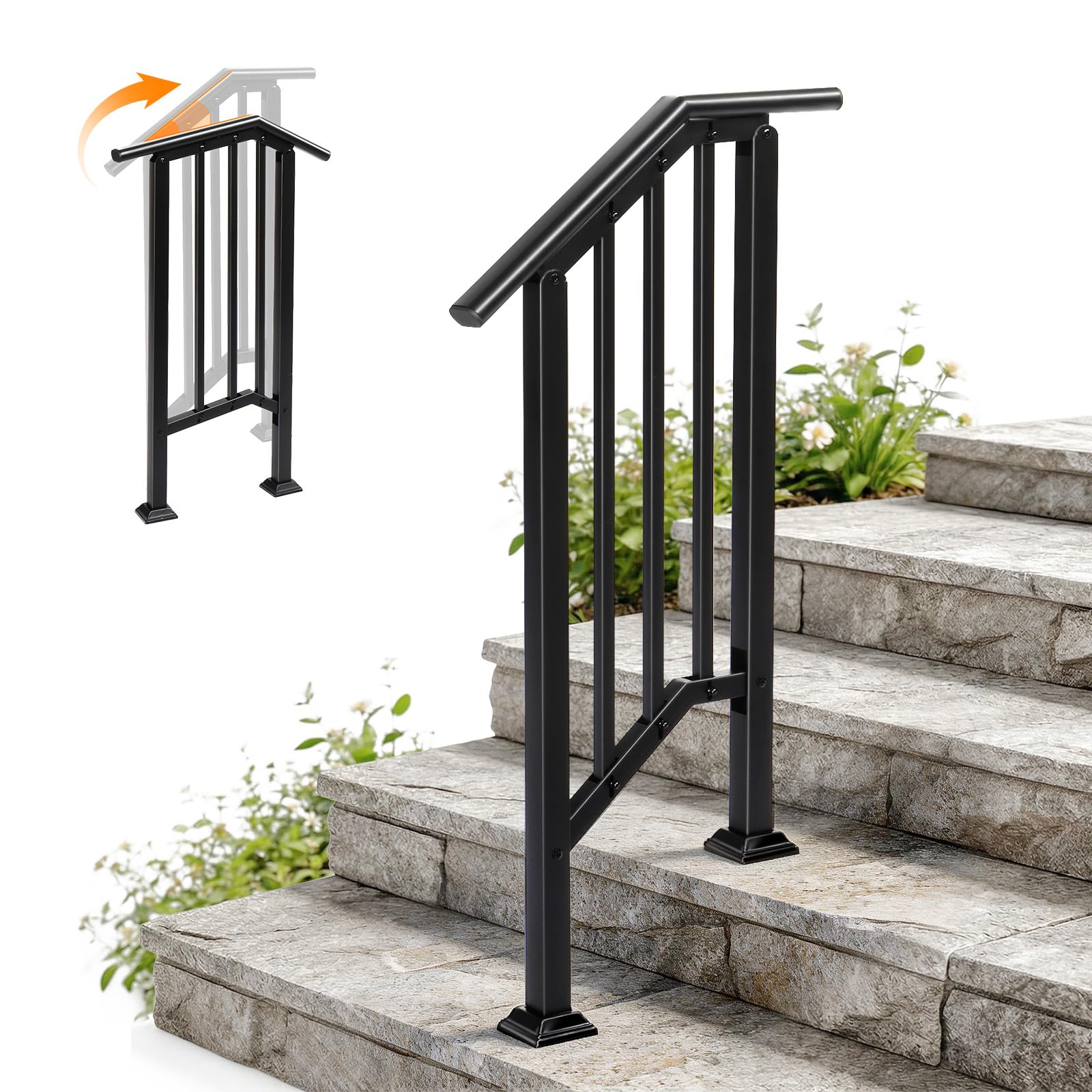 VINGLI Outdoor Handrail for 1-2 Front Steps, Thick Sturdy Wrought Iron