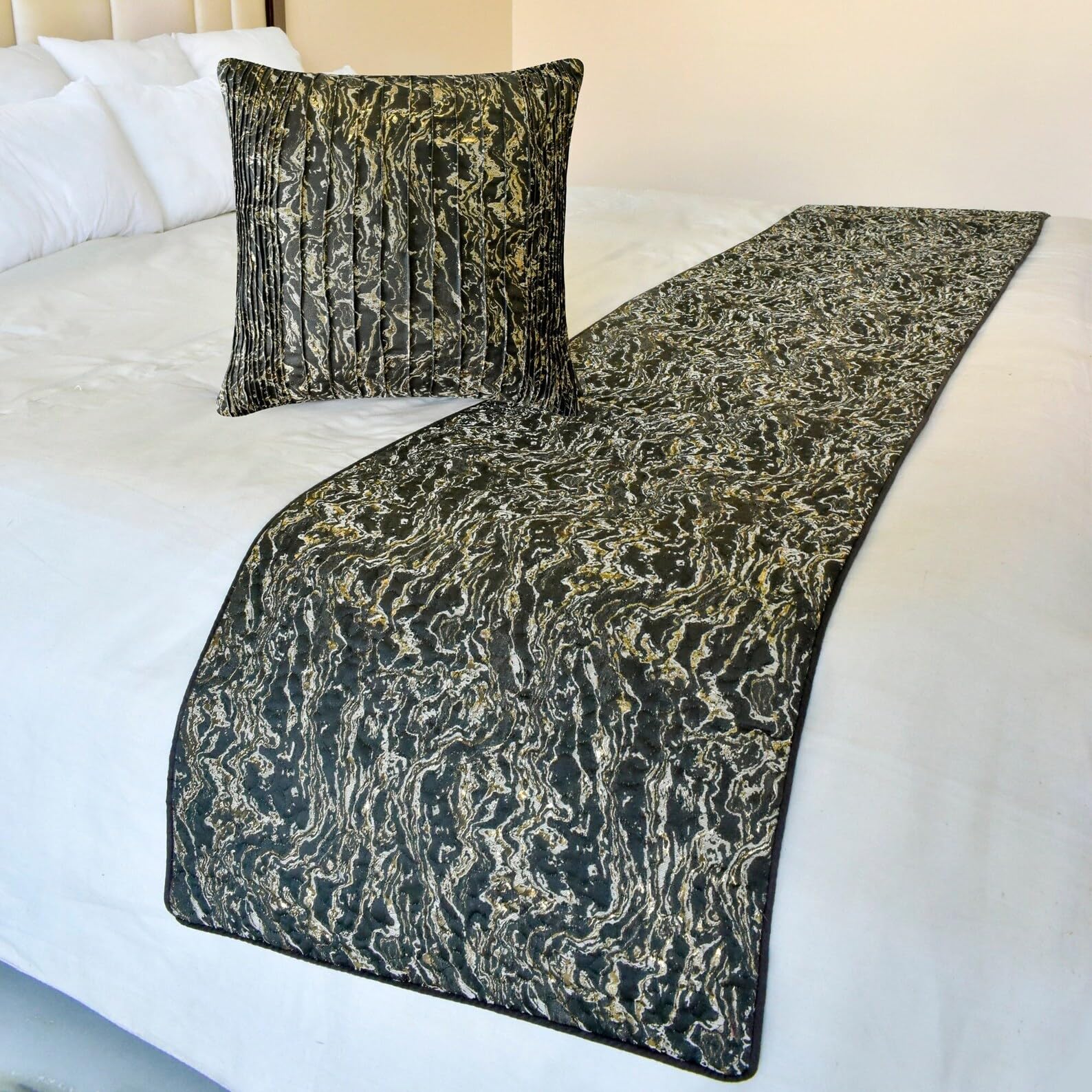 The HomeCentric King/Queen/Twin Black Decorative Bed Runner CA King 215x45 cm Bed Runner With Two Cushion Cover, Marble Pattern, Pintucks, Quilted Bed Scarf on Jacquard fabric - Stellaris