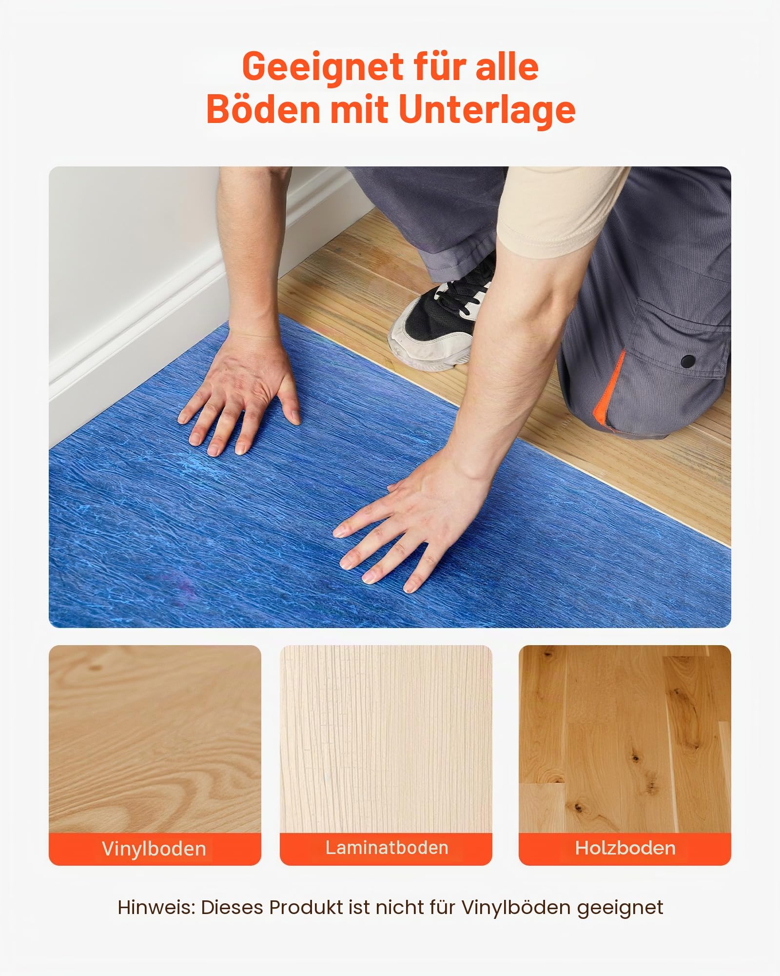 VEVOR Trittschalldämmung, 37,2 m², 3 mm Laminatbodenunterlage mit angebrachter Dampfsperre, Faser + PE-Folie, Schalldämmung & Geräuschreduzierung für Vinyl und Holz (2 Rollen x 18,6 m²)