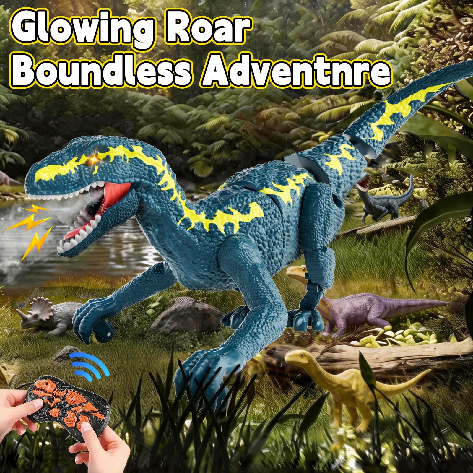 Dinosaurio Teledirigido para Niños 3+, RC Dinosaurio Caminante Recargable 2,4 GHz con Ojos 3D y 3 Sonidos, Juguete Animal Prehistórico Interactivo para Niños y Niñas 3+ (Azul)
