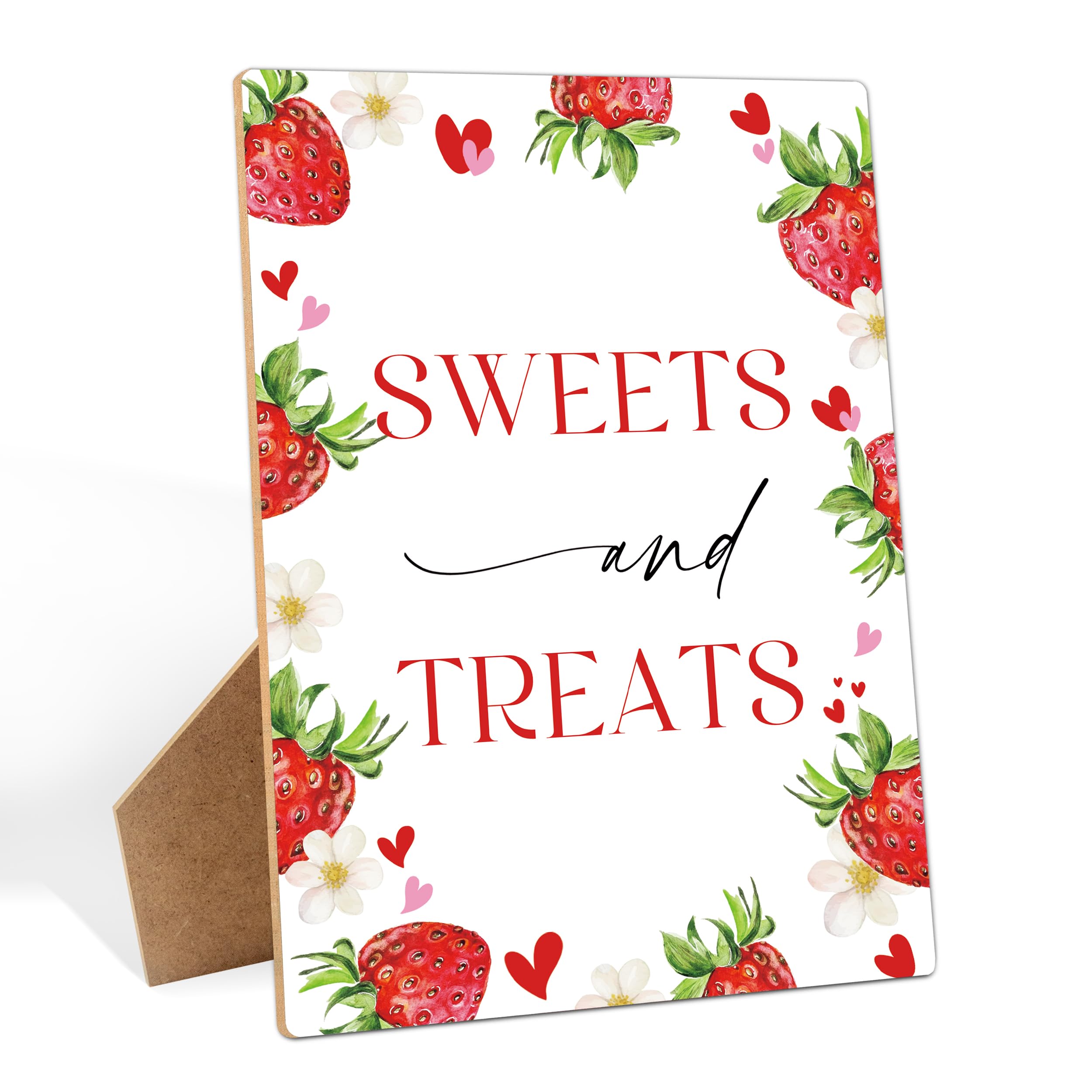 Strawberry Themed Sweet and Treats Sign, 5.6x 7.8 Inch Dessert Table Wooden Sign with Stand, Berry Sweet Baby Shower Decorations, Wedding Shower