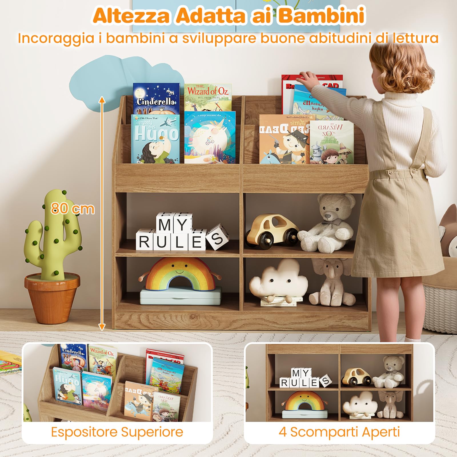 COSTWAY Libreria Montessoriana Porta Libri per Bambini, Scaffale Multifunzione con 4 Cubi e 4 Scomparti, Anti-ribaltamento, Salvaspazio per Cameretta e Stanza dei Giochi, 90x34x80 cm (Naturale)