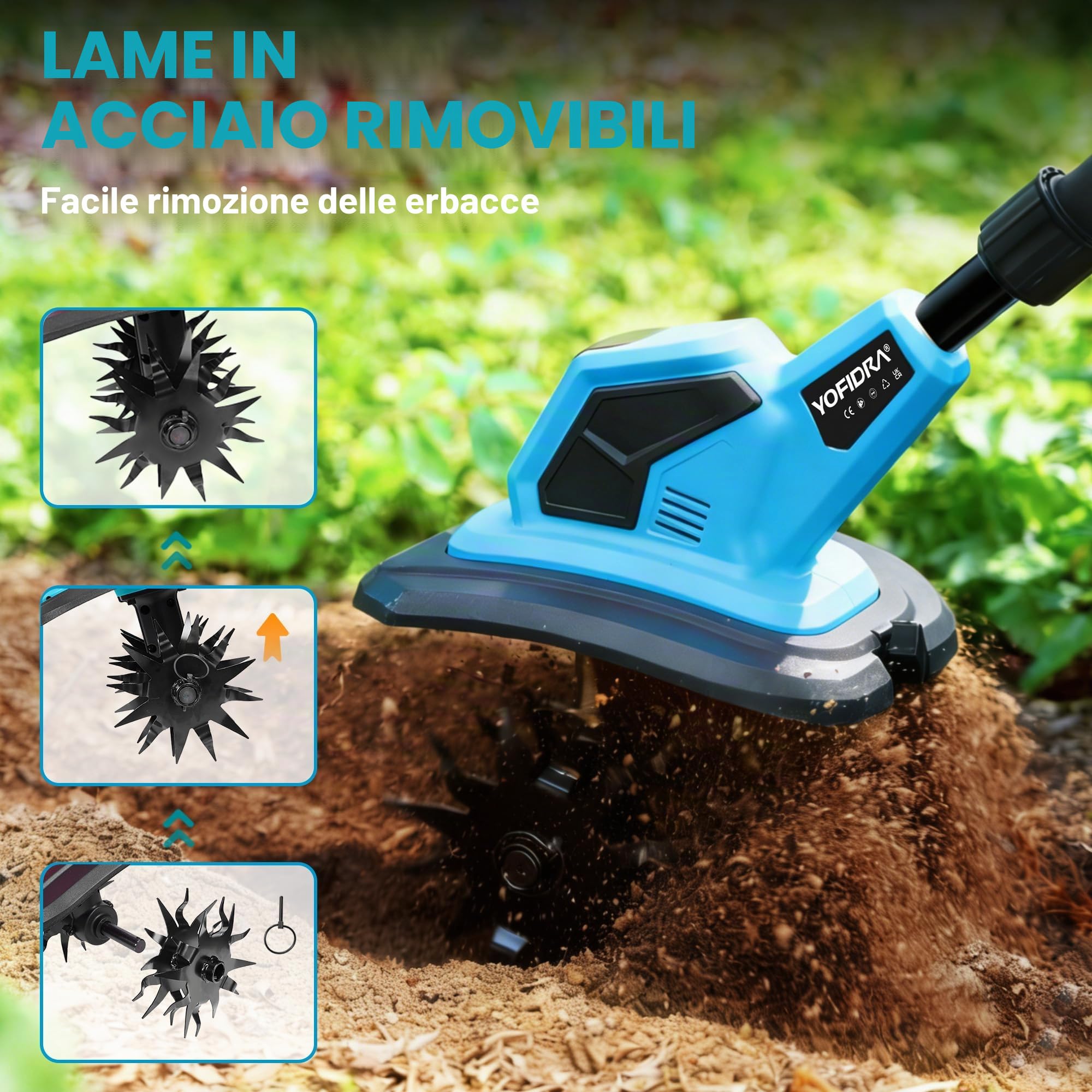 Yofidra Motozappa elettrica - Zappa a batteria da 600 W, larghezza di lavoro 23 cm, profondità 17 cm, display a LED, 2 batterie da 2,0 Ah, fresa da giardino con 4 lame da 12 denti