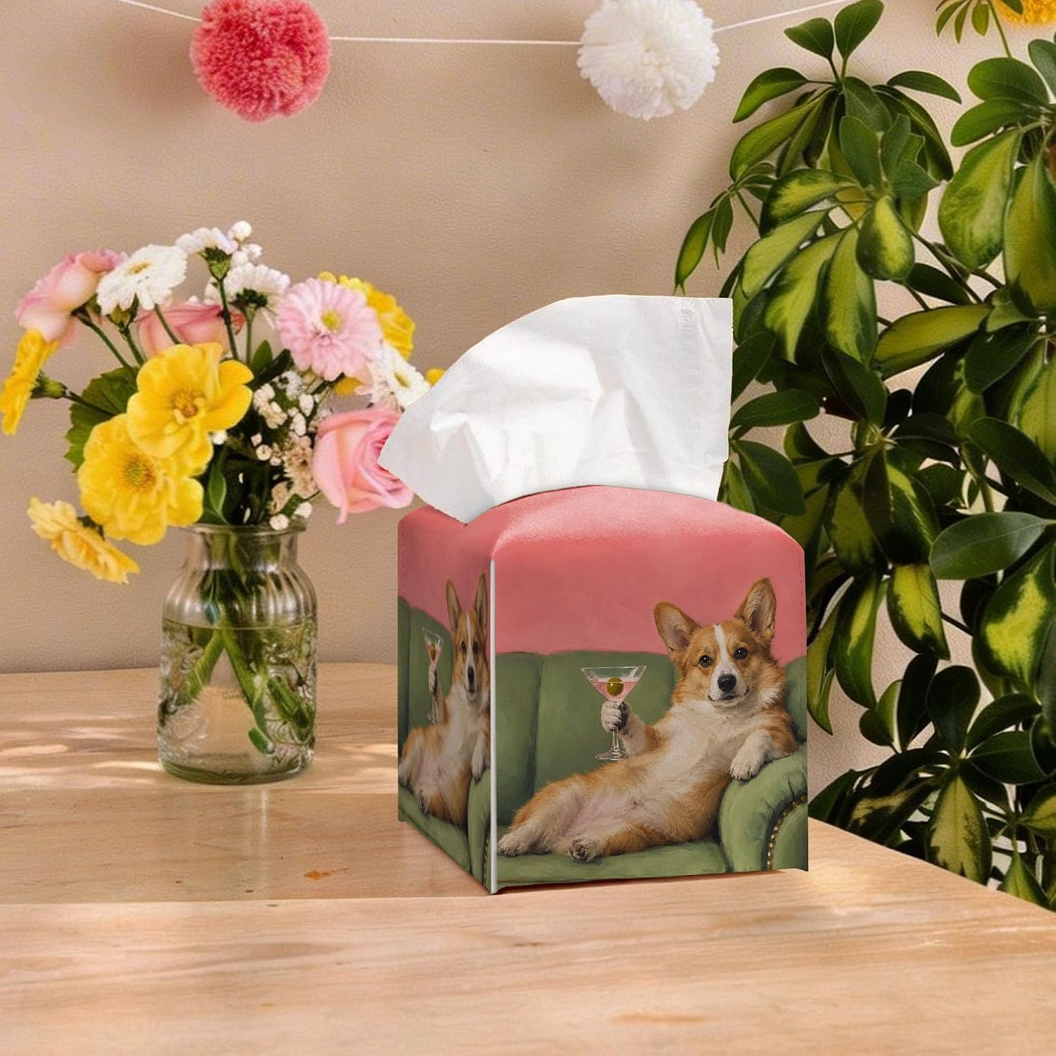 Vintage Corgi Dog Martini Pink Tissue Box Cover Square image 5