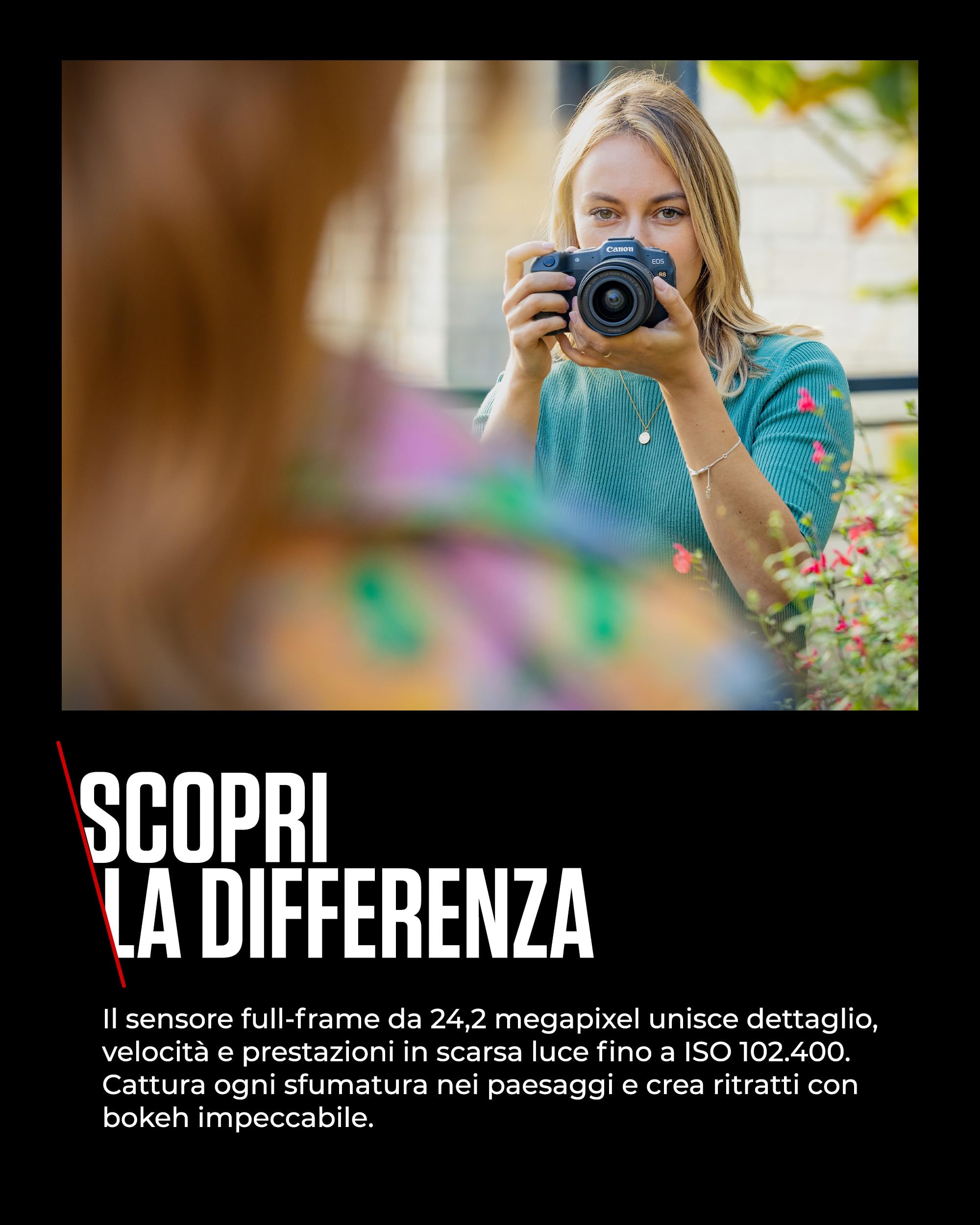 Canon EOS R8 (Corpo) – Macchina Fotografica Mirrorless Full Frame 24,2MP, Dual Pixel CMOS AF II - Videocamera 4k Fino a 60p - Scatto Continuo 40 fps – Schermo Direzionabile - Connettività Bluetooth