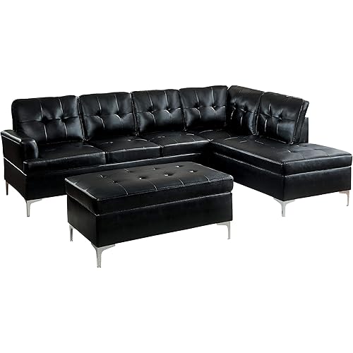 Lexicon Dani 3-Piece Faux Leather Tufted Sectional Sofa with Right Chaise and Ottoman, Black