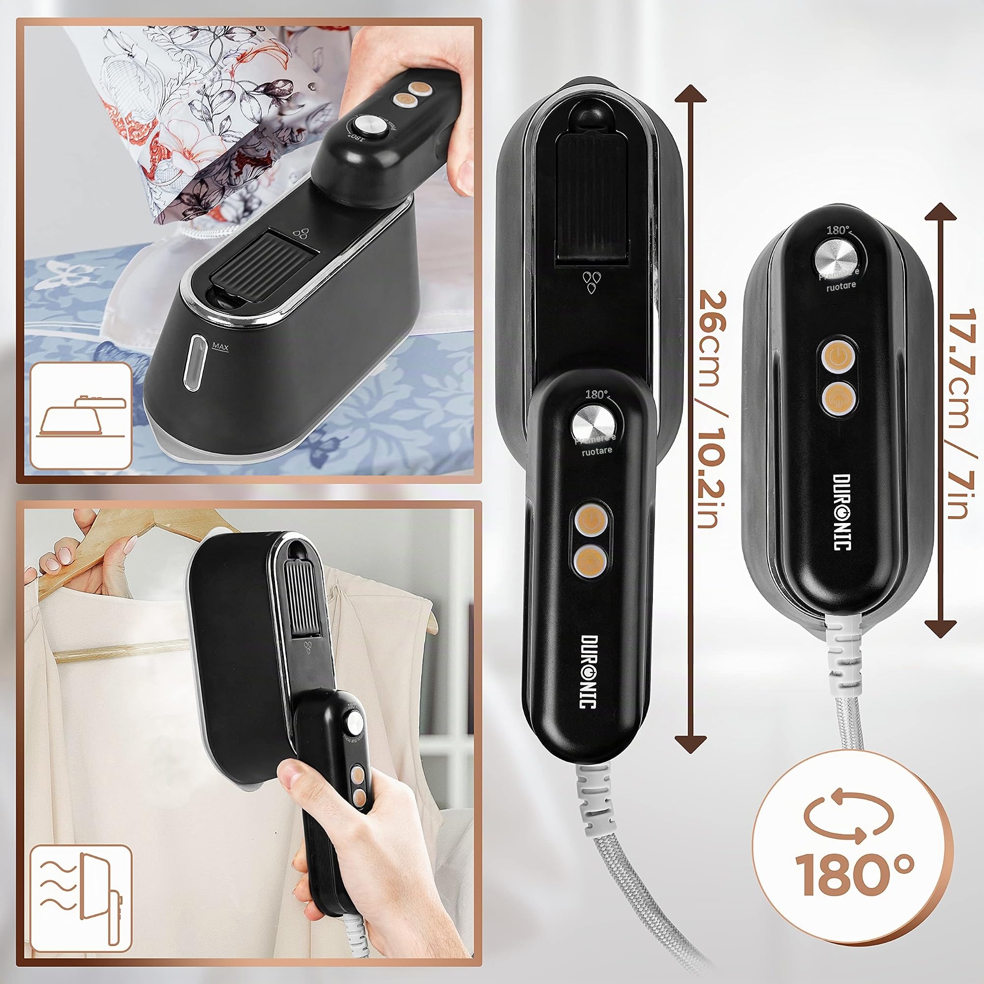 Duronic HS90 Ferro da stiro da viaggio portatile | Uso orizzontale e verticale | 2 funzioni vapori | Maniglia retrattile | Compatto e leggero per spostamenti | Borsa, base e brocca