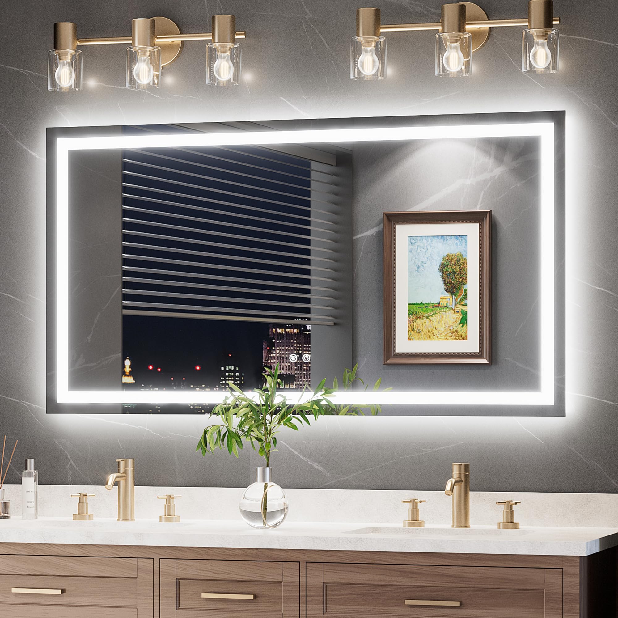 Photo 1 of TokeShimi 55x30 LED Bathroom Vanity Mirror with Lights,Front Lit + Backlit LED Bathroom Mirror,3 Colors Stepless Dimmable,Anti-Fog,Tempered Glass,Memory Function,Waterproof,UL Listed