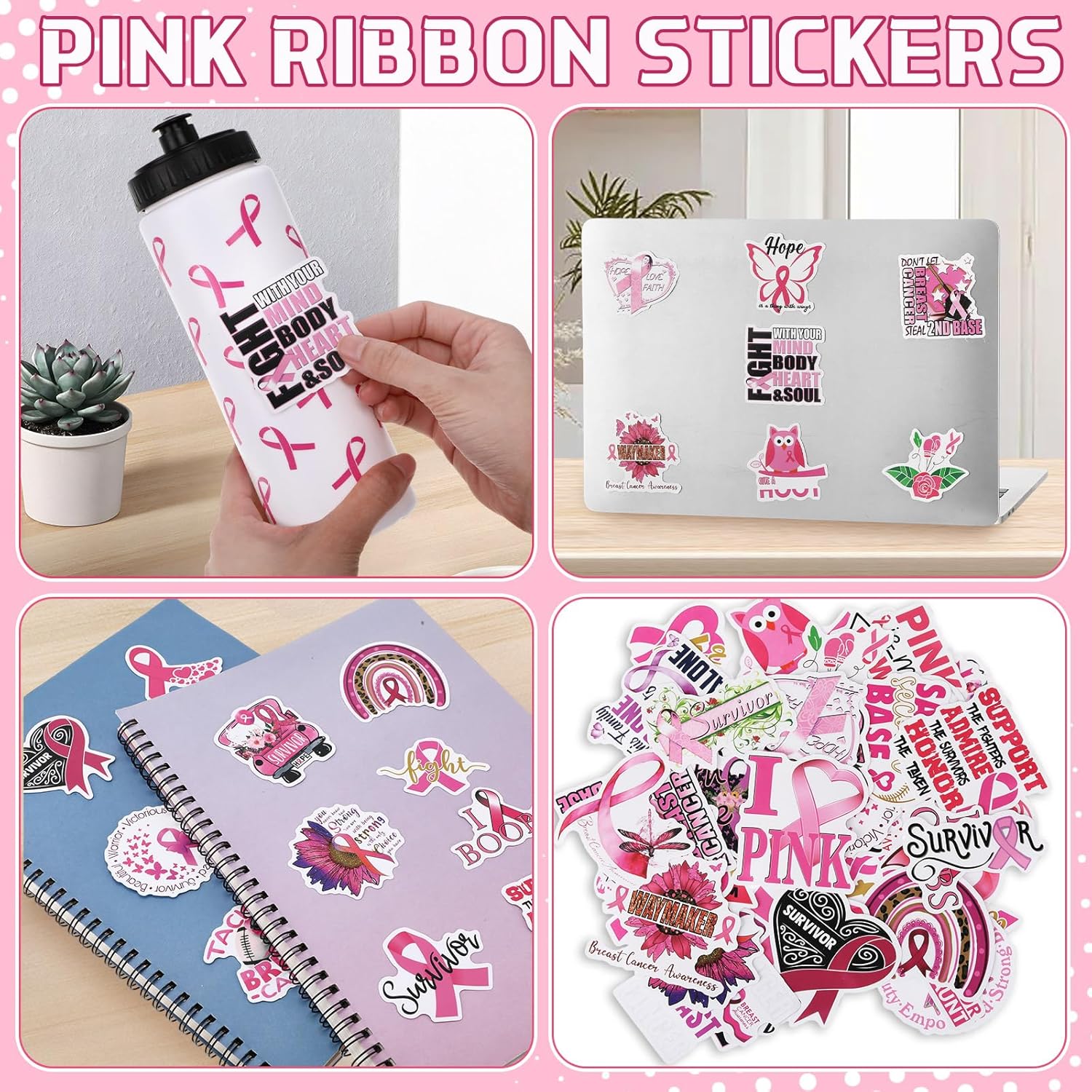 12 Packs Breast Cancer Awareness Water Bottles 50 Pcs Pink Ribbon Sticker 20oz Pink Football Water Bottles Breast Cancer Awareness Football Accessories for Gifts Sport Team(White)