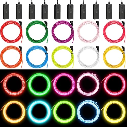 Miniatura 7 de Paquete de 15 luces de neón portátiles con cable EL, cortables, luz electroluminiscente, funciona con pilas, luces LED que brillan en la oscuridad,