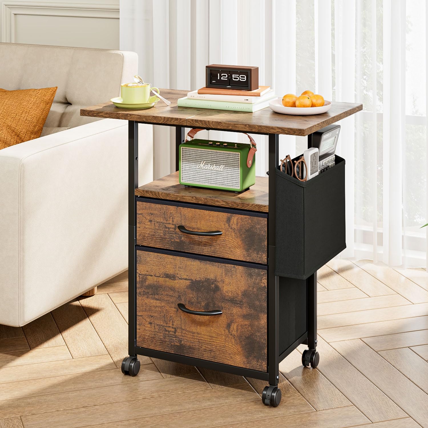 Uptyia Mesitas de Noche con Ruedas, Mesa Auxiliar con 2 Cajones, móvil, 60x38x70.5cm,Ideal para Dormitorio u Oficina,Blanco/Madera Veteada (Marrón rústico)