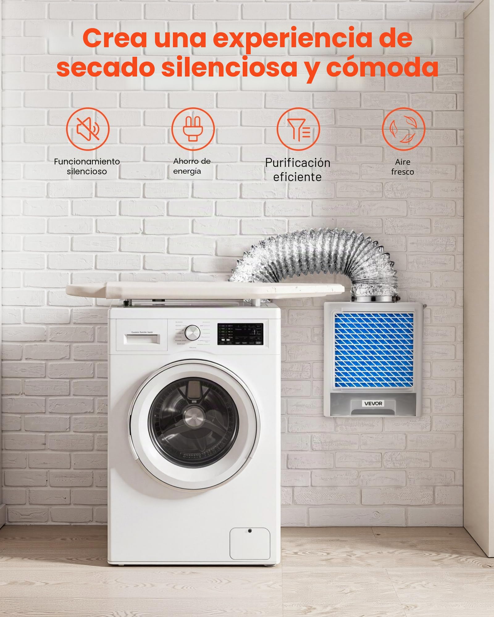 VEVOR Kit de Ventilación 3 en 1 para Secadora de Interior, con Cajón de Agua, a Puerto de Escape 99 mm, con Recordatorio Inteligente de Sobrecalentamiento y 4 Almohadillas Purificadoras, Blanco
