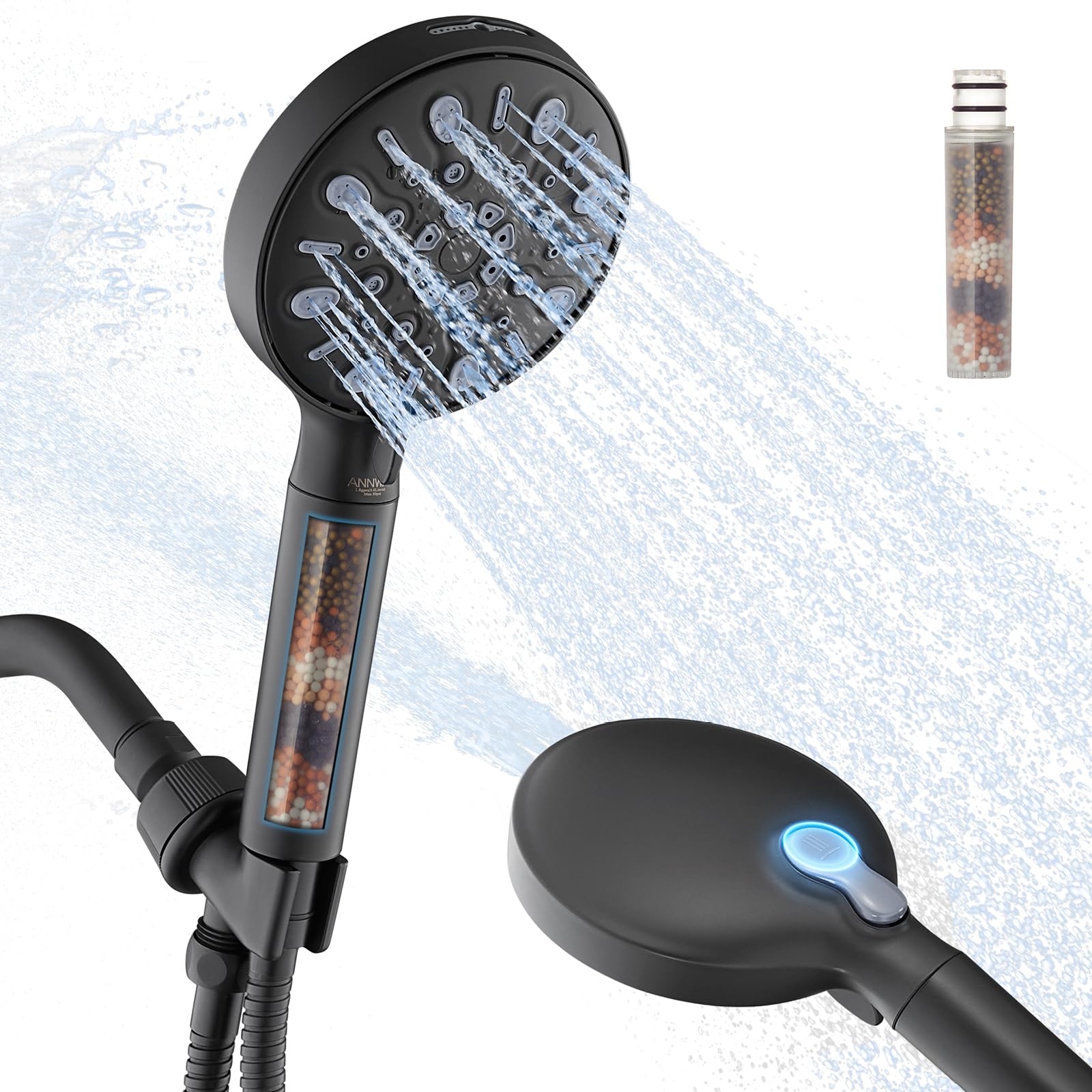 Photo 1 of ANNWA Filtered Shower Head with Handheld, 8 Spray Mode High Pressure Showerhead with Filters, Detachable shower head, Water Softener Filters for Hard Water, Remove Chlorine(N8HS702MB-NA)