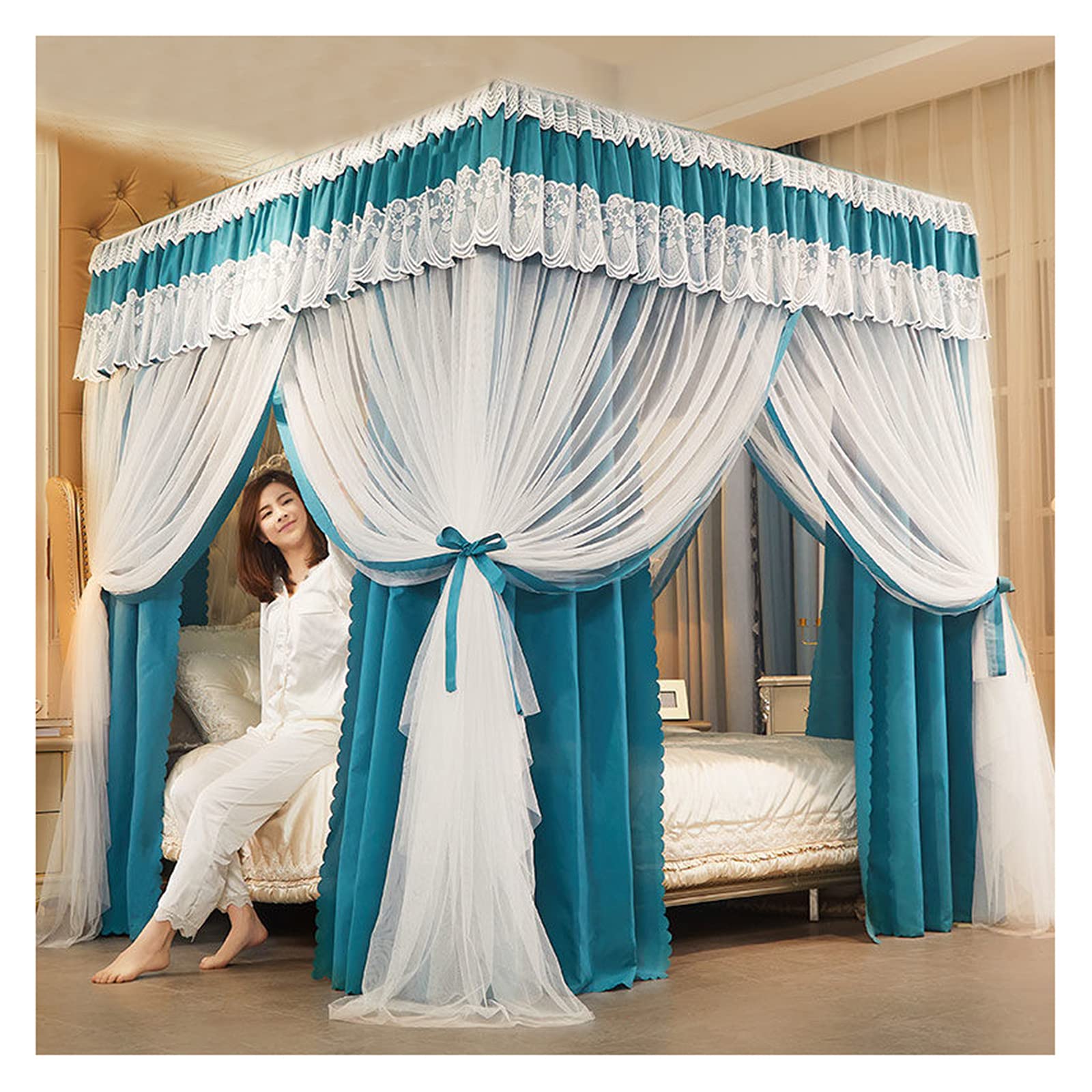 GTHTUHFD Princess Bed Canopy Bedroom 4 Corner Post Canopy Curtains Double Embroidery Lace Mosquito Net Blackout Bed Curtains For King Size Bed,Bed Curtain-1.8×2.2m