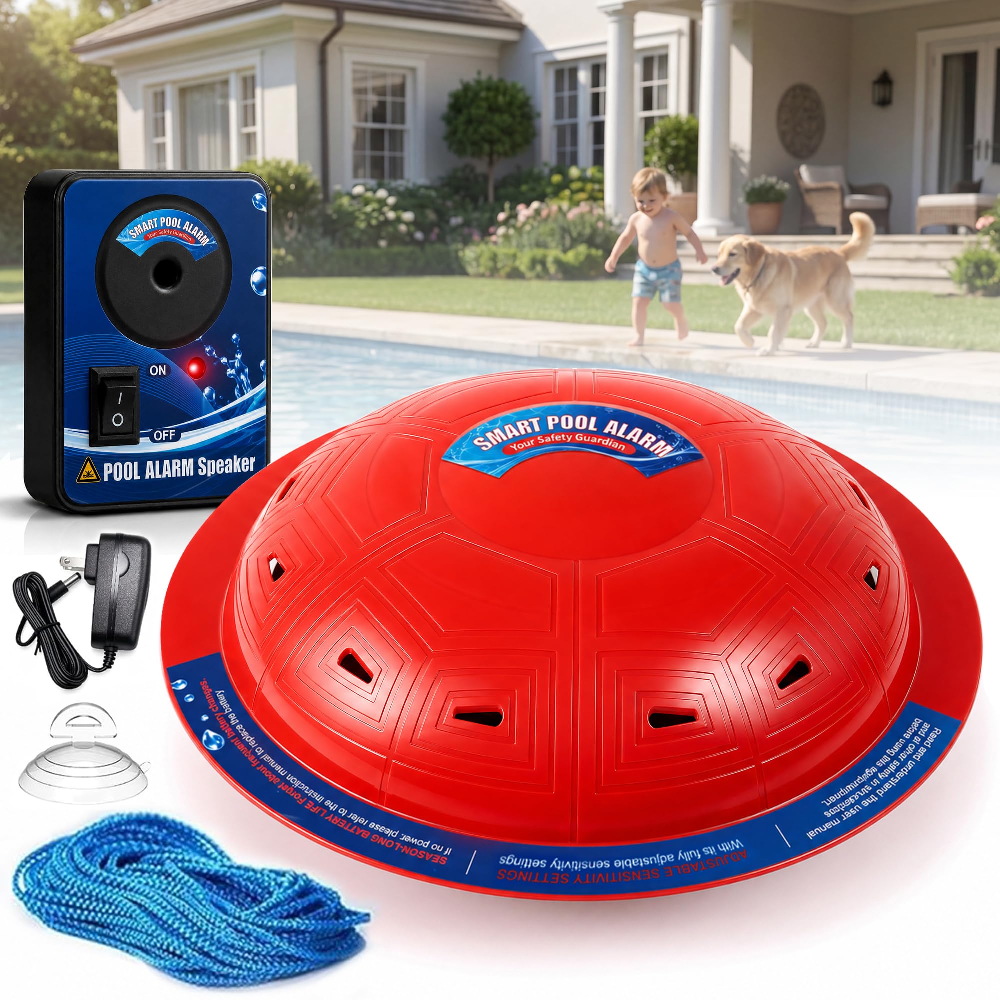 Allarme per piscina, allarme di sicurezza per piscine interrate e fuori terra, sensibilità regolabile, allarme 85 dB+, protezione per bambini e animali domestici (rosso)