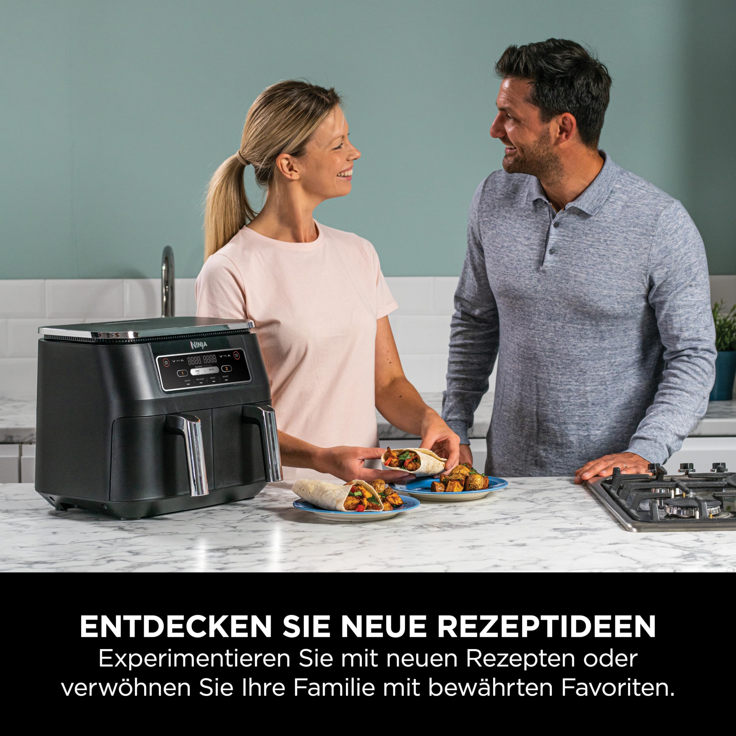 Ninja Foodi Dual Zone Airfryer Heißluftfritteuse, 2 Fächer, 7,6 l, 4-in-1, ohne Öl, Heißluftfrittieren, Max Crisp, Braten, Aufwärmen, antihaft, spülmaschinenfester Korb & Knusperblech, Schwarz AF200EU