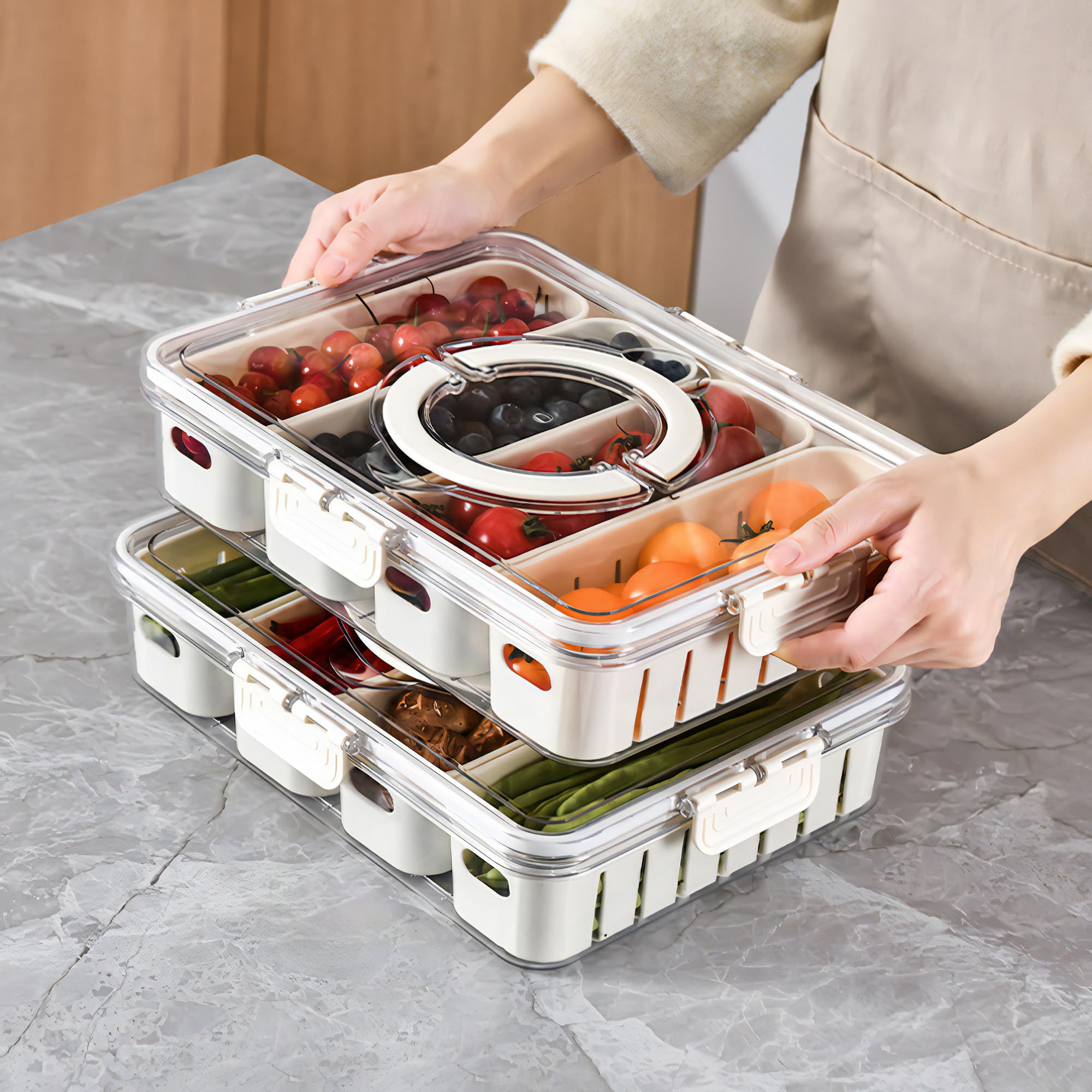 Paquete de 2 cajas divididas para aperitivos con tapas, bandeja apilable para servir alimentos para frutas y verduras, contenedor de almacenamiento de plástico para refrigerador de despensa, 3