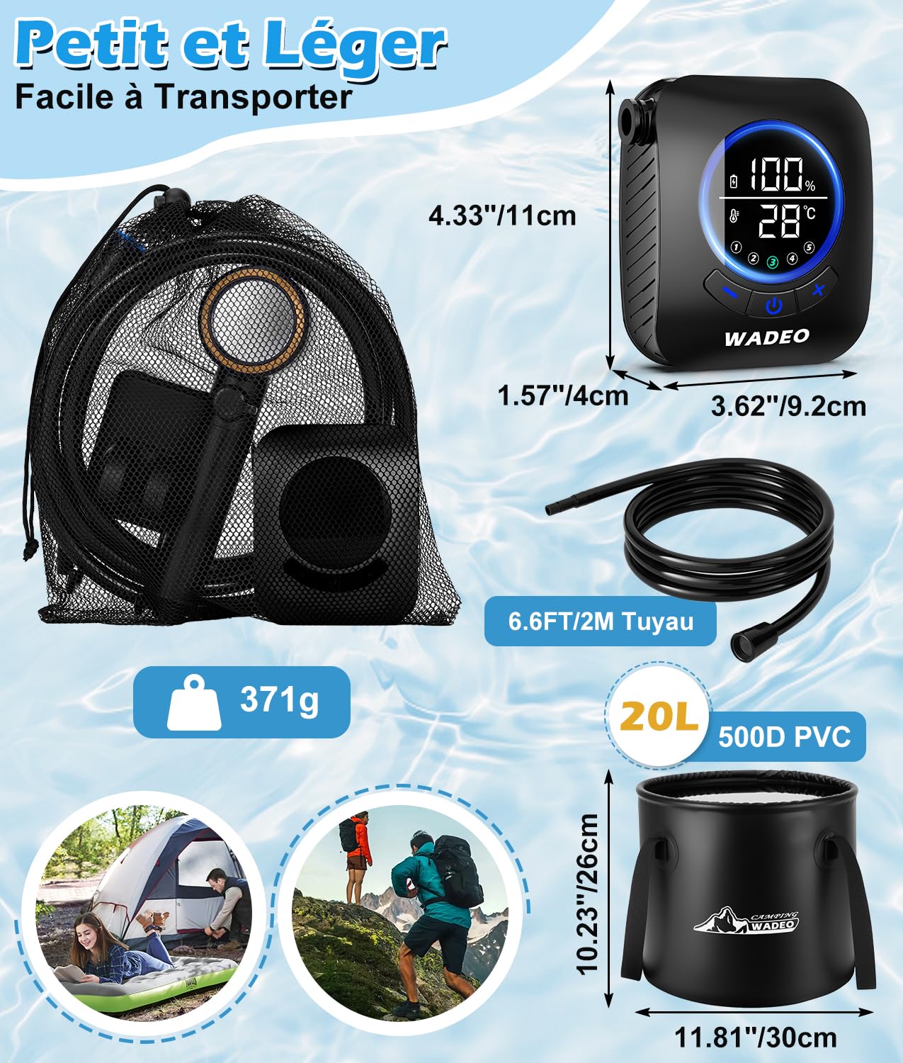 WADEO Douche Portable pour Camping, Pompe de Douche Rechargeable 8000mAh, Seau Pliable de 20L, 5 Modes de Douche et Étanche IPX8, Douche Extérieure pour Randonnée, Voyages, Voiture, Animaux