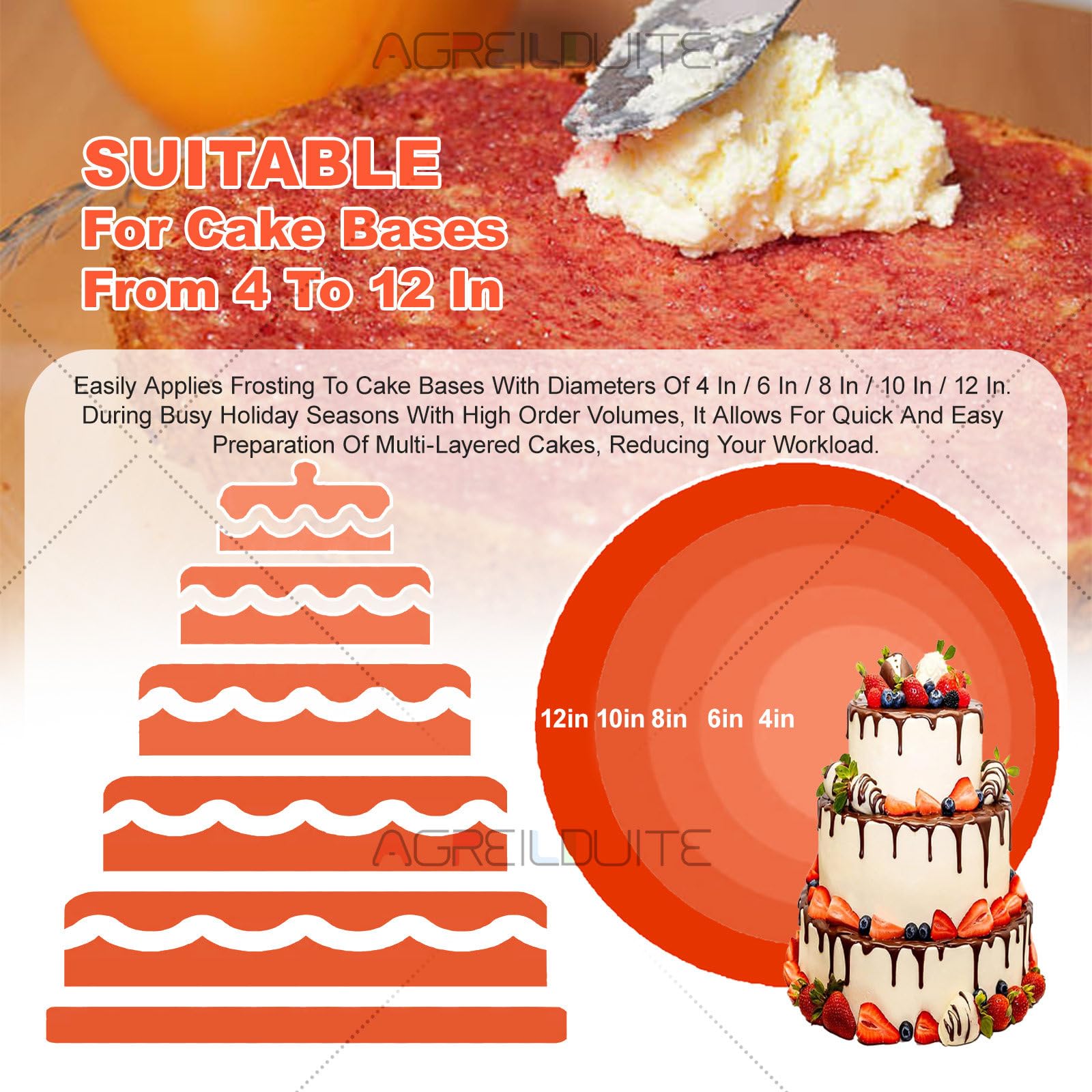 Tocadiscos automáticos para extender crema para tartas, herramienta de decoración de pasteles de 4 a 12 pulgadas con 9 raspadores de estilo para un revestimiento suave de crema de mantequilla