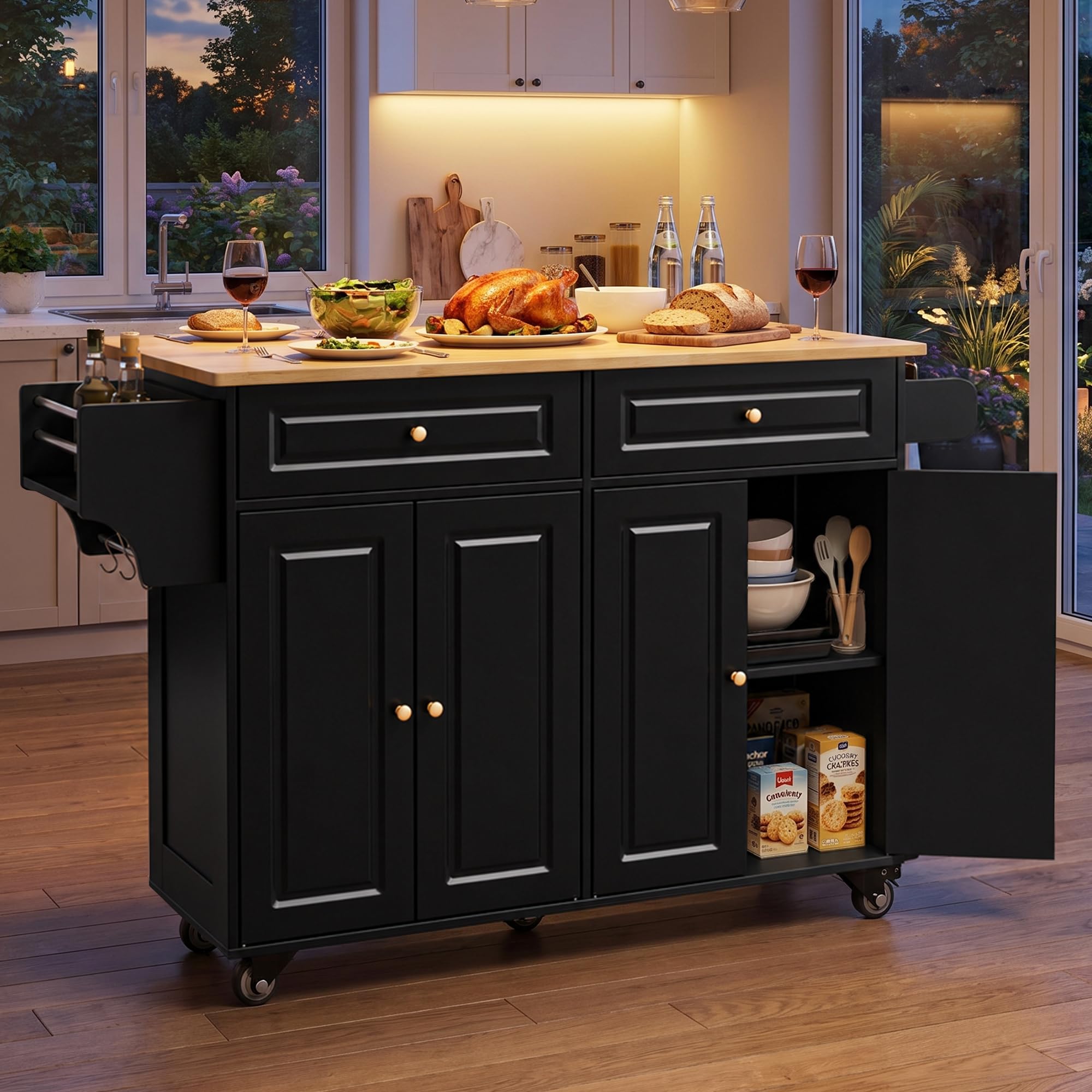 Xbro Carrello da Cucina Mobile con Ruote, Piano Pieghevole, Credenza 2 Cassetti 4 Ante, Salvaspazio con Portaspezie Portaasciugamani, 145x75x90 cm