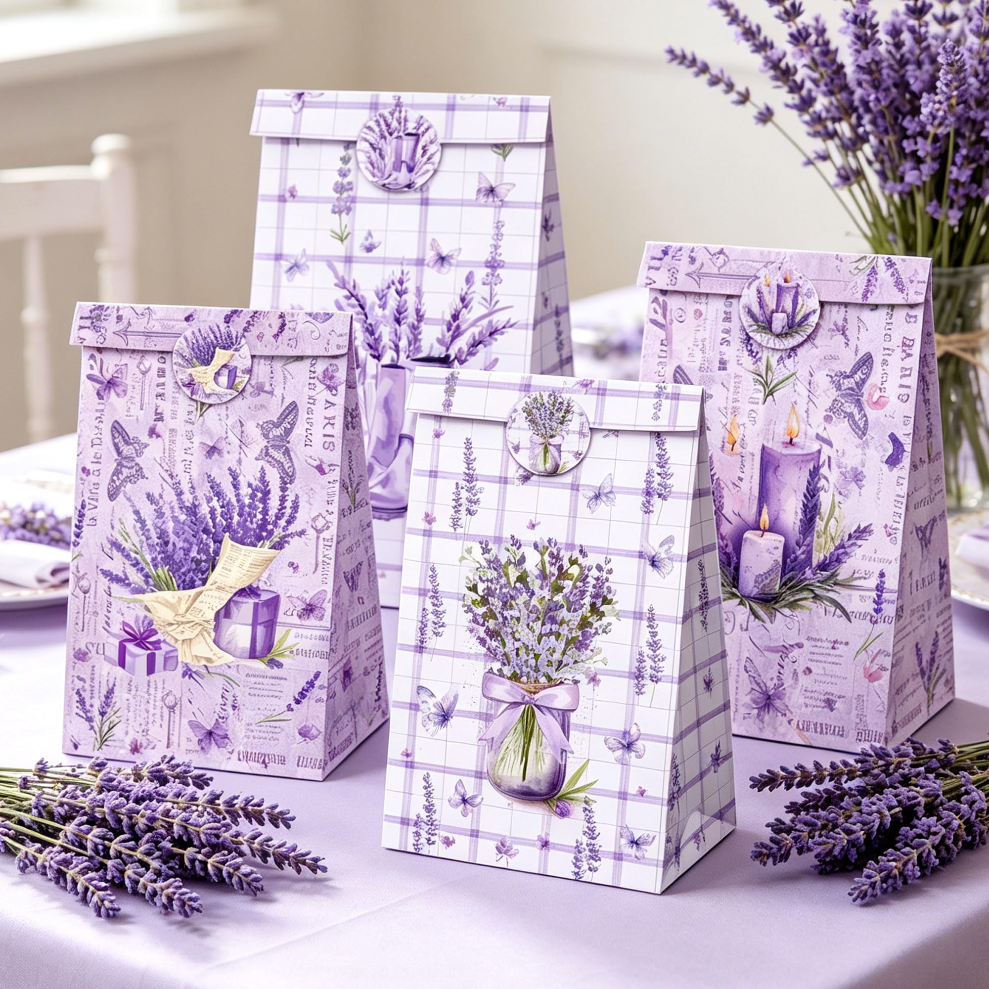 12 PCS Lavender Bridal Shower Decorations Purple Floral Bags Treat Boxes Gift Cookies Snacks Bags for Lavender Purple Bridal Shower Bachorlette Party Wedding Decor Supplies