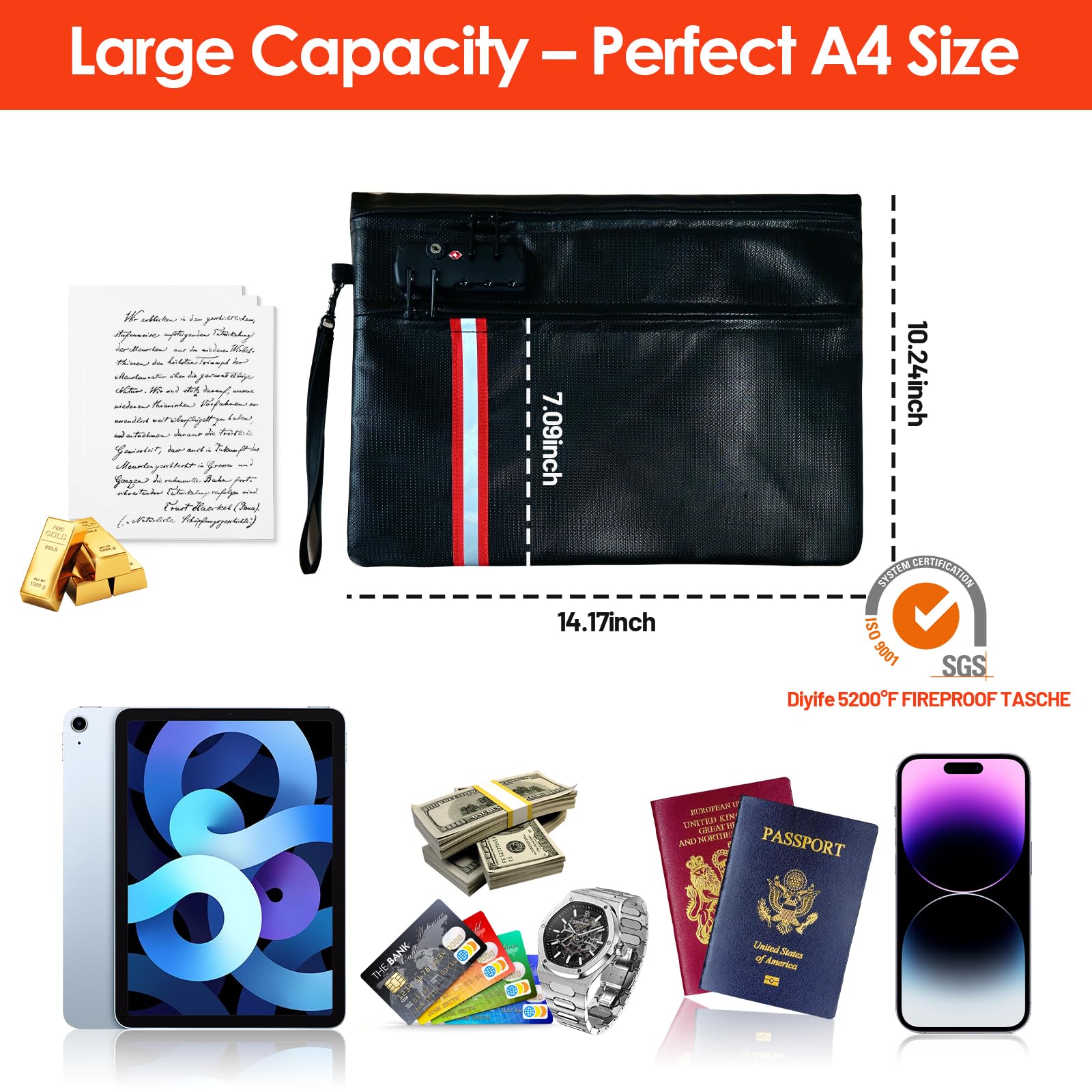 Sac de Documents Ignifuge et Étanche 7000°F, Version Améliorée 2026, Pochette Sécurité Double Fermeture Éclair – Sac Sécurité pour Passeports, Argent et Carte (Large(36x26cm))
