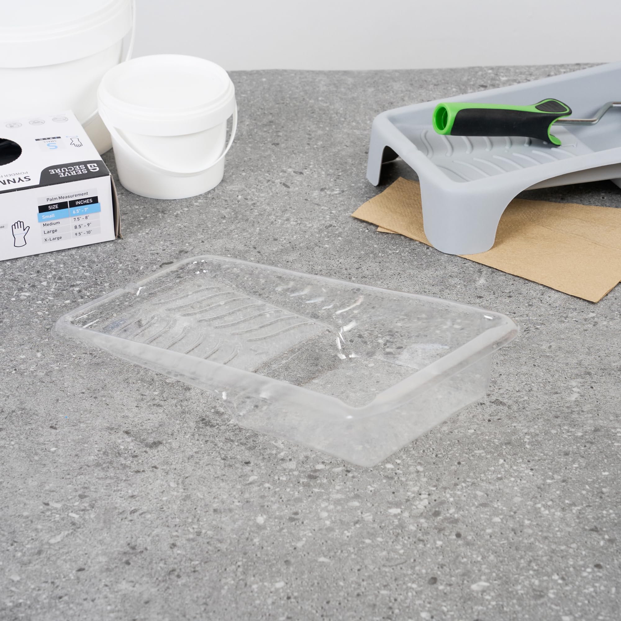 Restaurantware Paquete de 60 forros de bandeja de pintura, desechables, de 4 pulgadas, resistentes al desgarro, suministros de plástico transparente con textura para pintura de casa, retoques, bordes