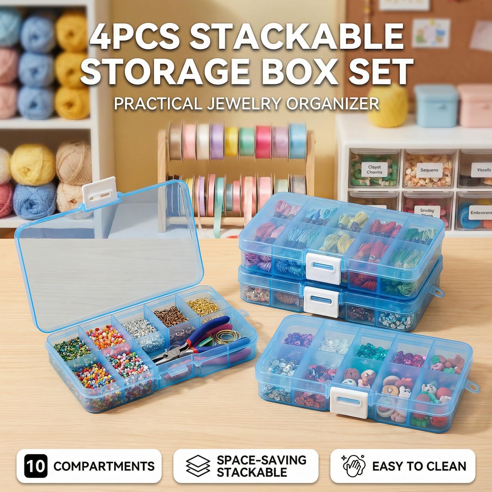 Set di 4 scatole di stoccaggio in plastica a 40 scomparti: contenitori impermeabili e impilabili per gioielli, artigianato, unghie e articoli da pesca. Supporto portaoggetti portatile (blu) - 4