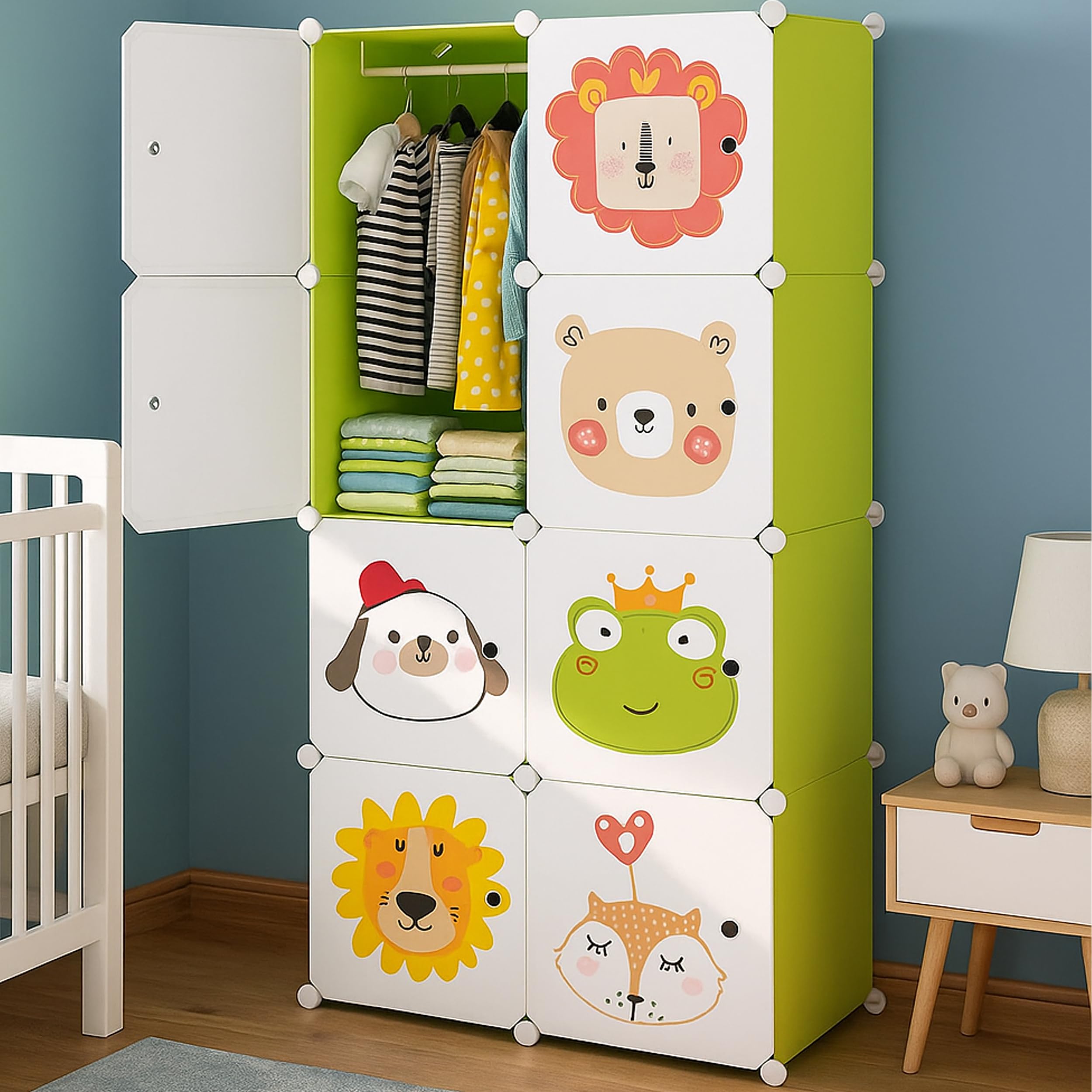 AYSIS Kids Plastic Collapsible Wardrobe Organizer for Storage | Cute Cartoon Design | Heavy Duty Cloth Organizer for Storage | Easy to Assemble | Perfect for Kids Room & Home | Green-image-6