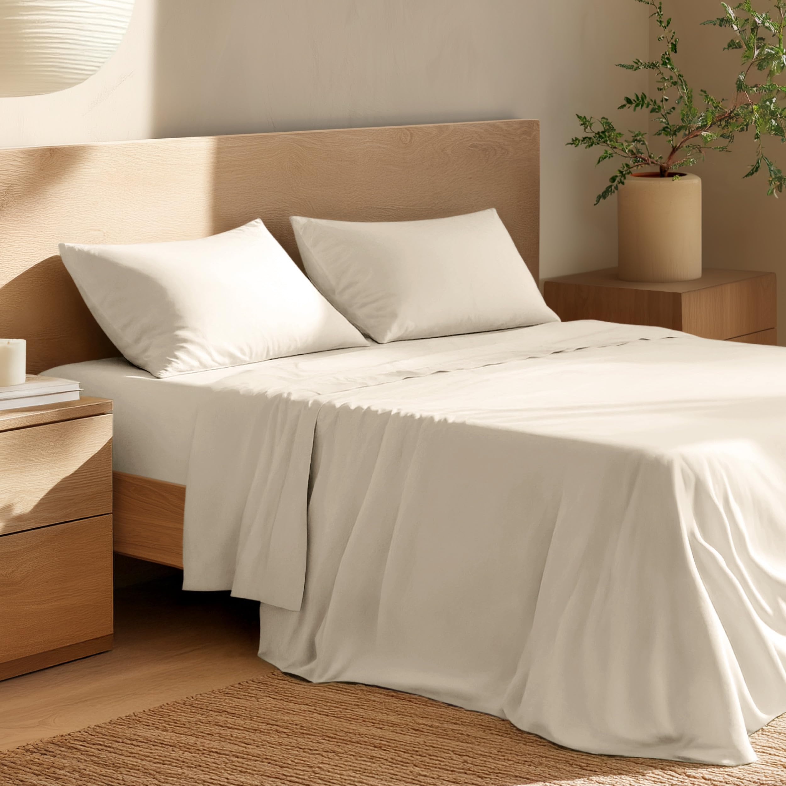 Bare Home 100% Organic Cotton Queen Sheet Set - Crisp Percale Weave - Lightweight & Breathable - Bedding Sheets & Pillowcases (Queen, Sand)
